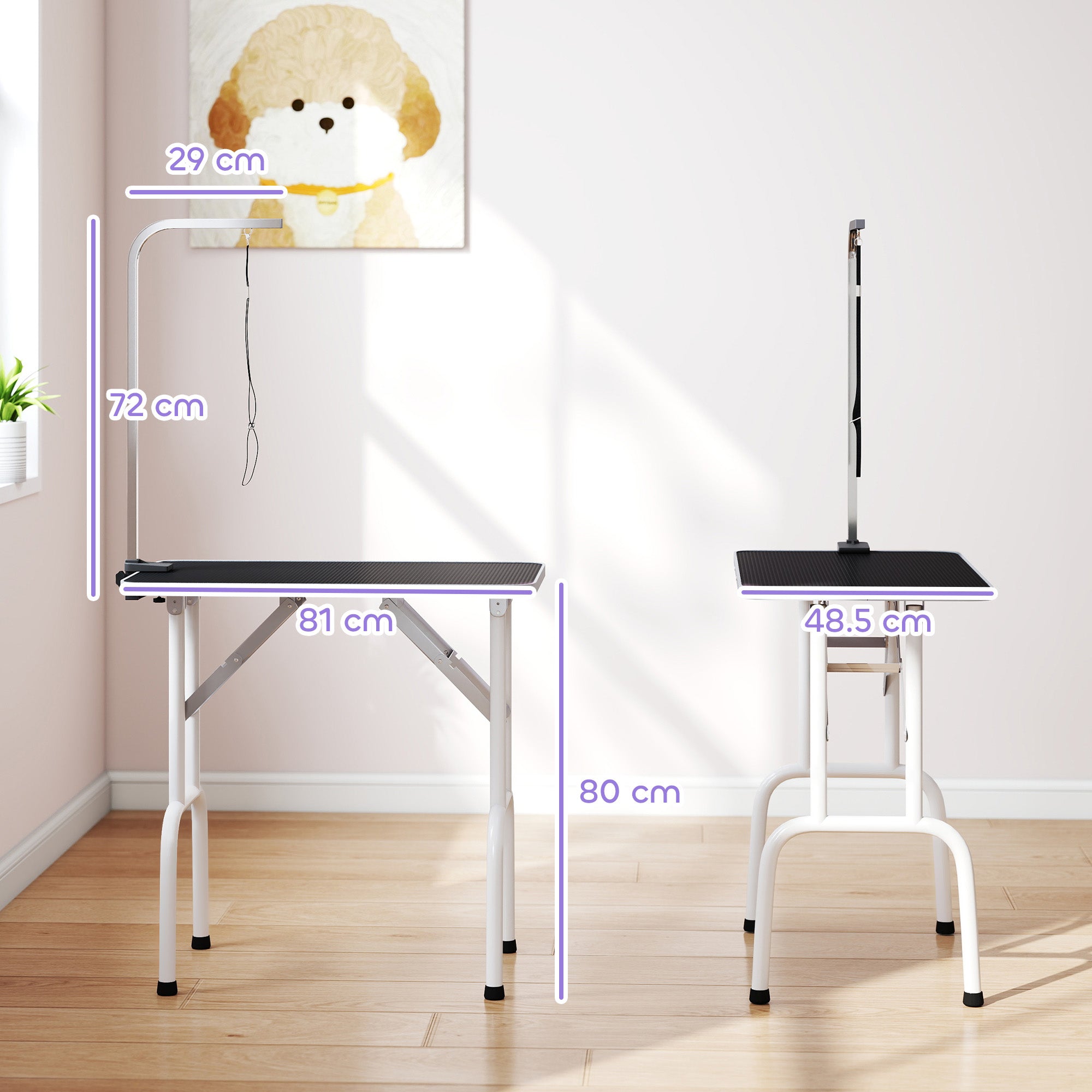 32" Foldable Dog Grooming Table Pet Drying Beauty Table Adjustable Fixed Arm Rubber Top, Black