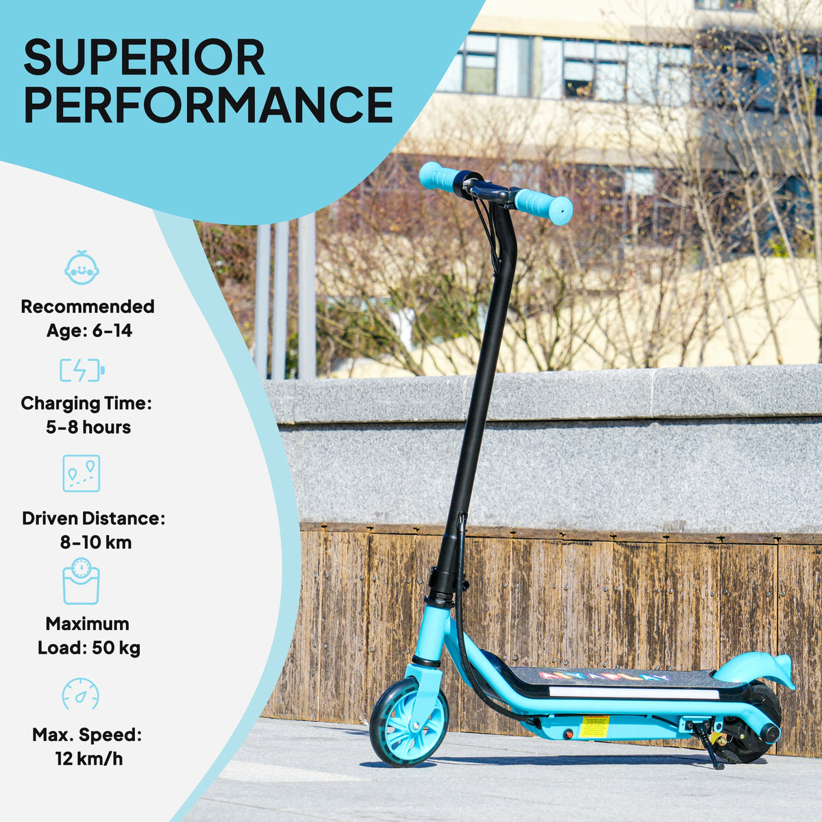 Kids Electric Scooter with Dual Brakes, Flashing Wheels & Colourful Lights, 12 KM/H, 10 KM Range - Blue
