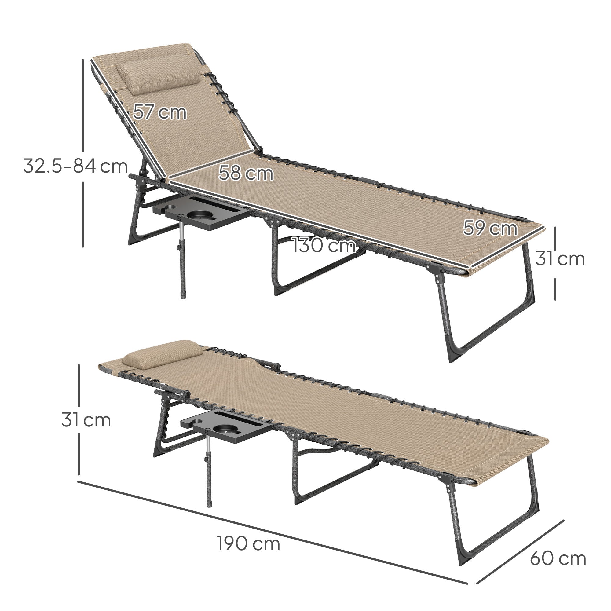 Five-Position Reclining Sun Lounger - Beige