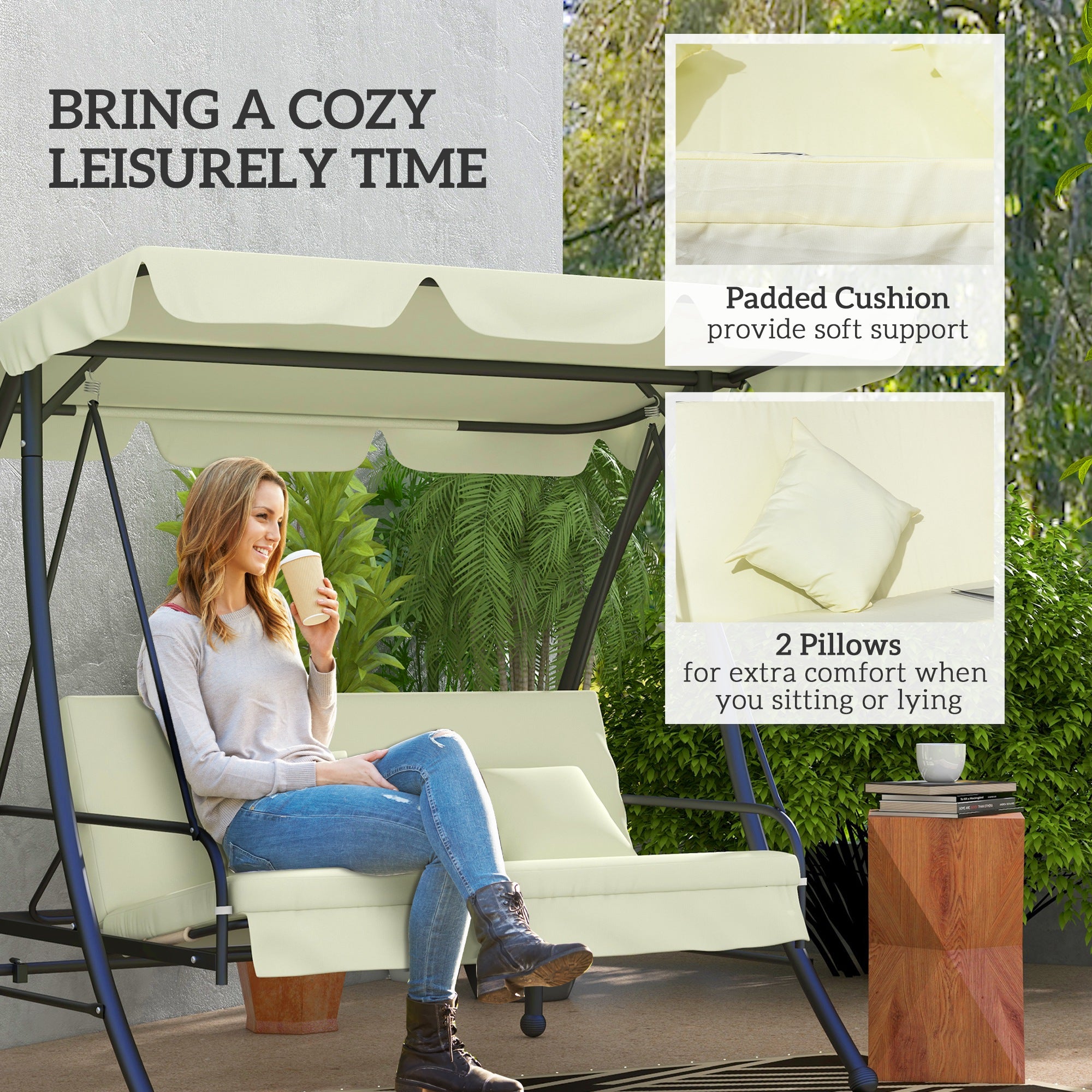 3 Seater Garden Swing Chair with Tilting Canopy - Cream White