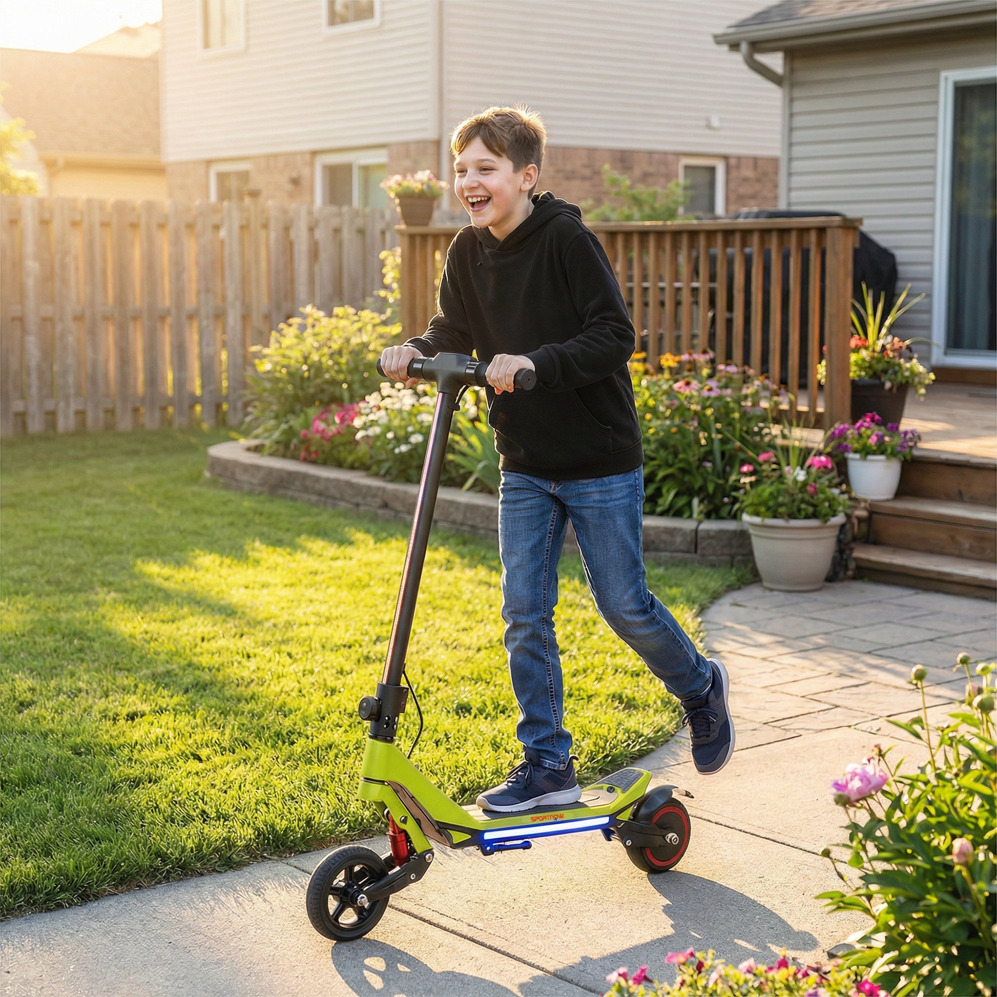 Electric Scooter for Kids, Foldable E Scooter for Age Age 6+ with LED Display, RGB lights, Up to 16km/h, Green