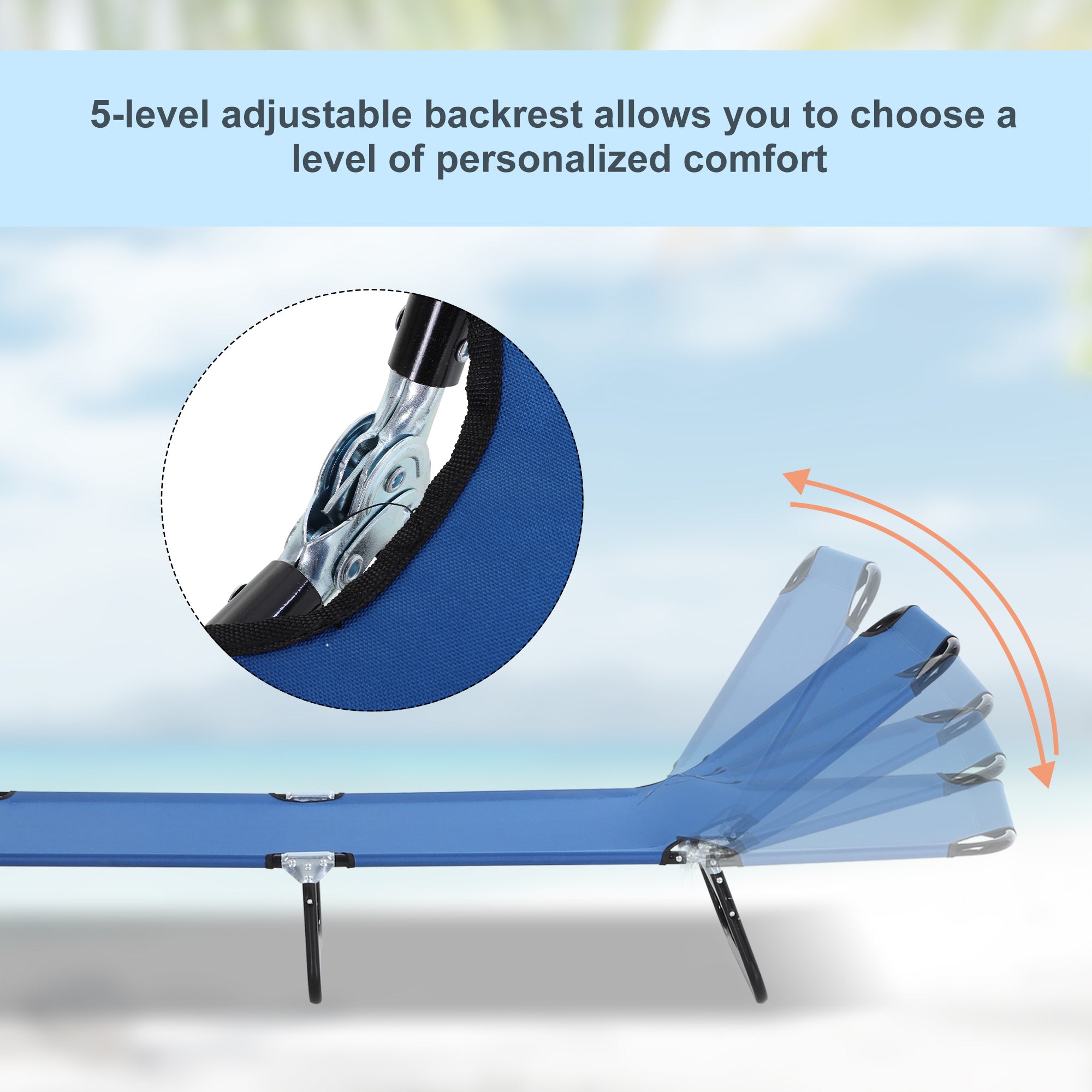 Foldable Sun Lounger with 5-Position Adjustable Backrest, Outdoor Portable Recliner Chaise Lounge Chair with Breathable Mesh Fabric, Blue