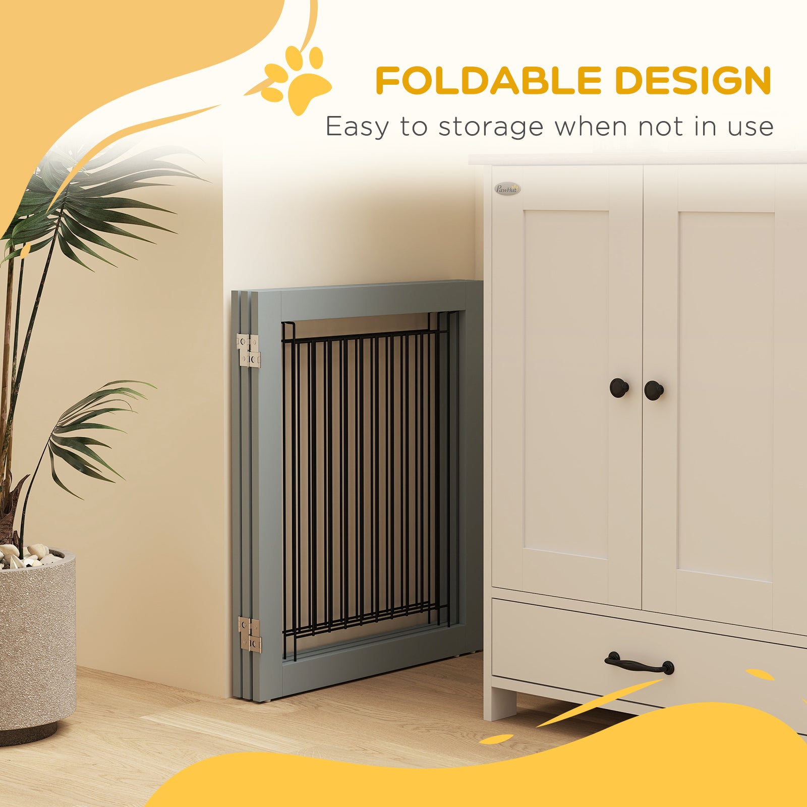 Foldable Three-Panel Pet Gate with Two Support Feet - Grey