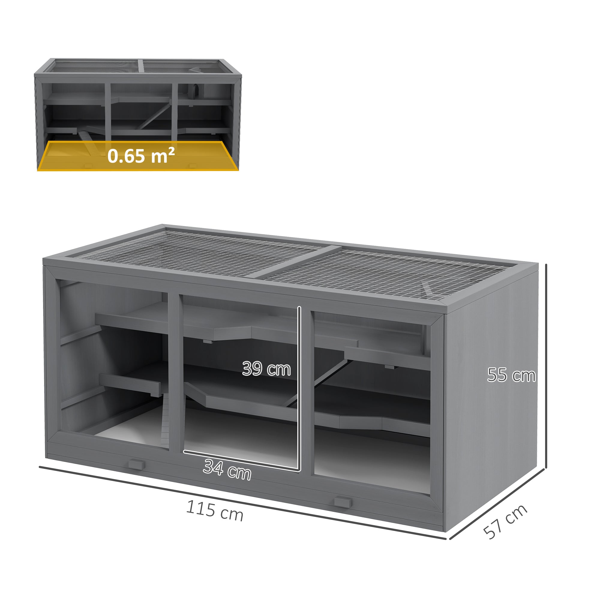 Wooden Hamster Cage, Small Animals Hutch with Tray, Openable Top, Exercise Play House Pen, 115L x 57W x 55Hcm, Grey