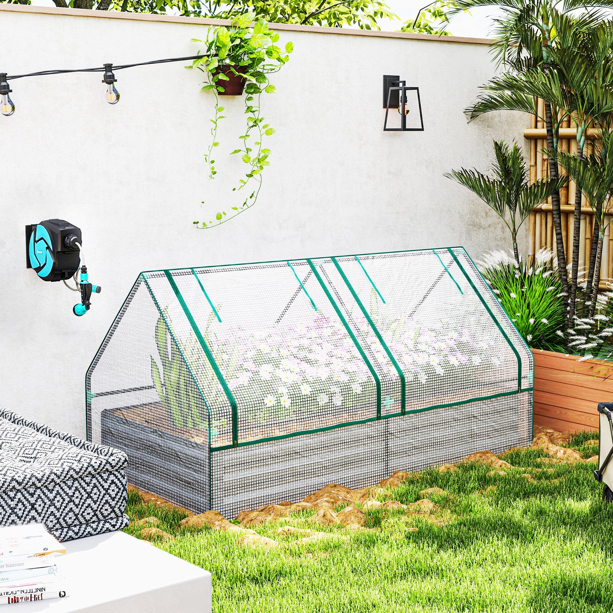 Metal Raised Garden Bed with Greenhouse Cover - White and Dark Grey