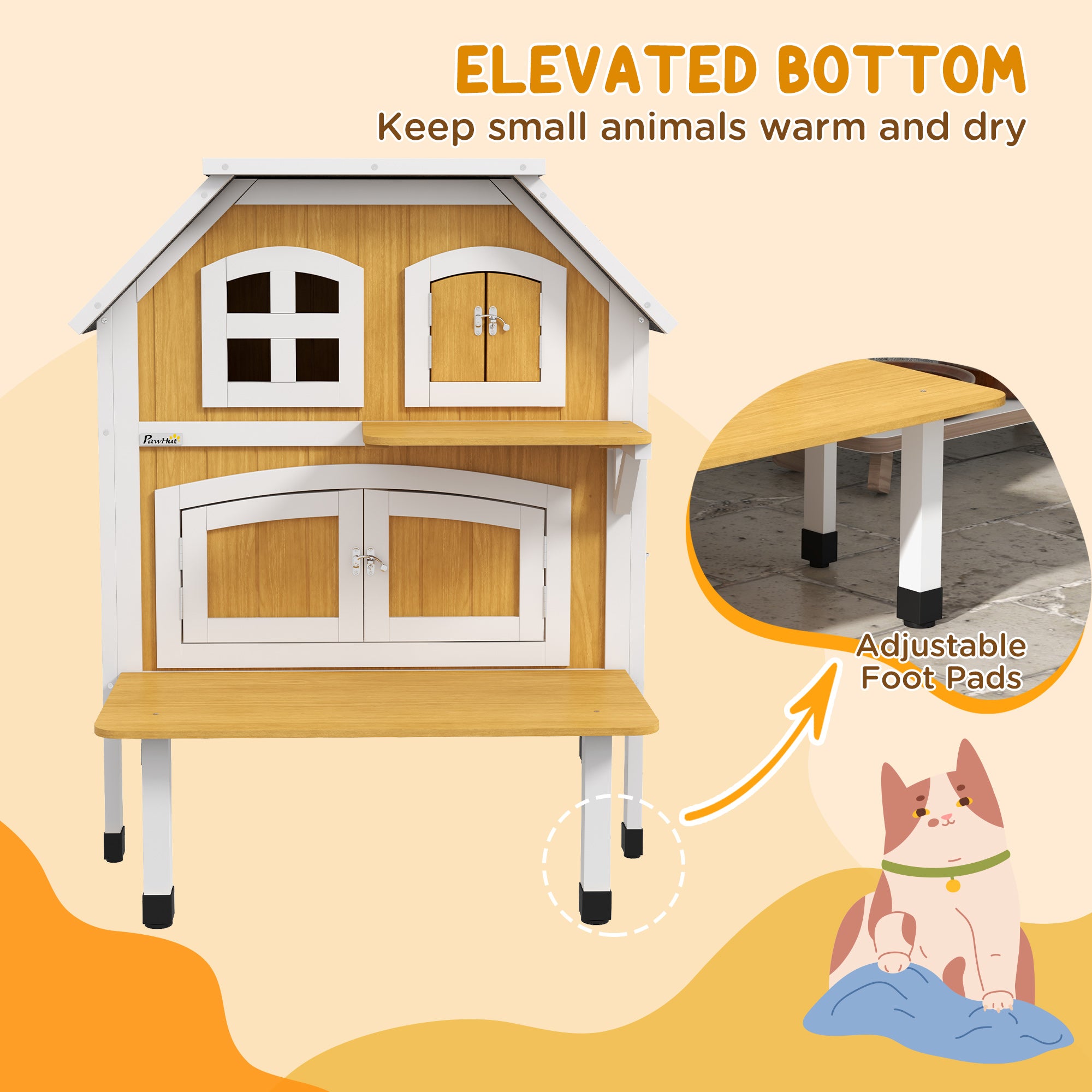 Outdoor Cat Shelter 2 Tiers Wooden Feral Cat House with Openable Asphalt Roof, Escape Doors, Terrace, for 1-2 Cats