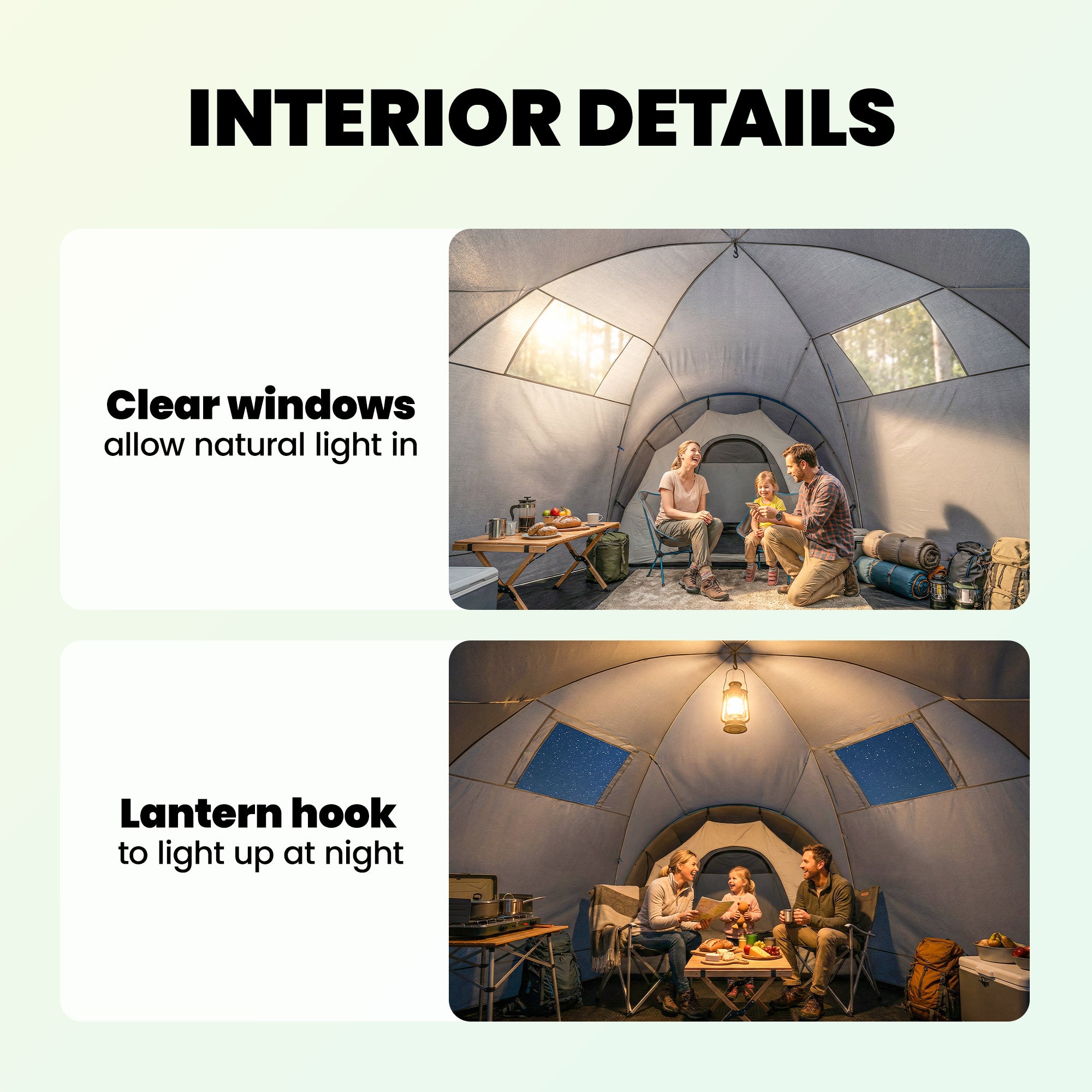 6-9 Man Large Tunnel Tent with 3 Bedrooms, Living Area and Porch, Light Grey