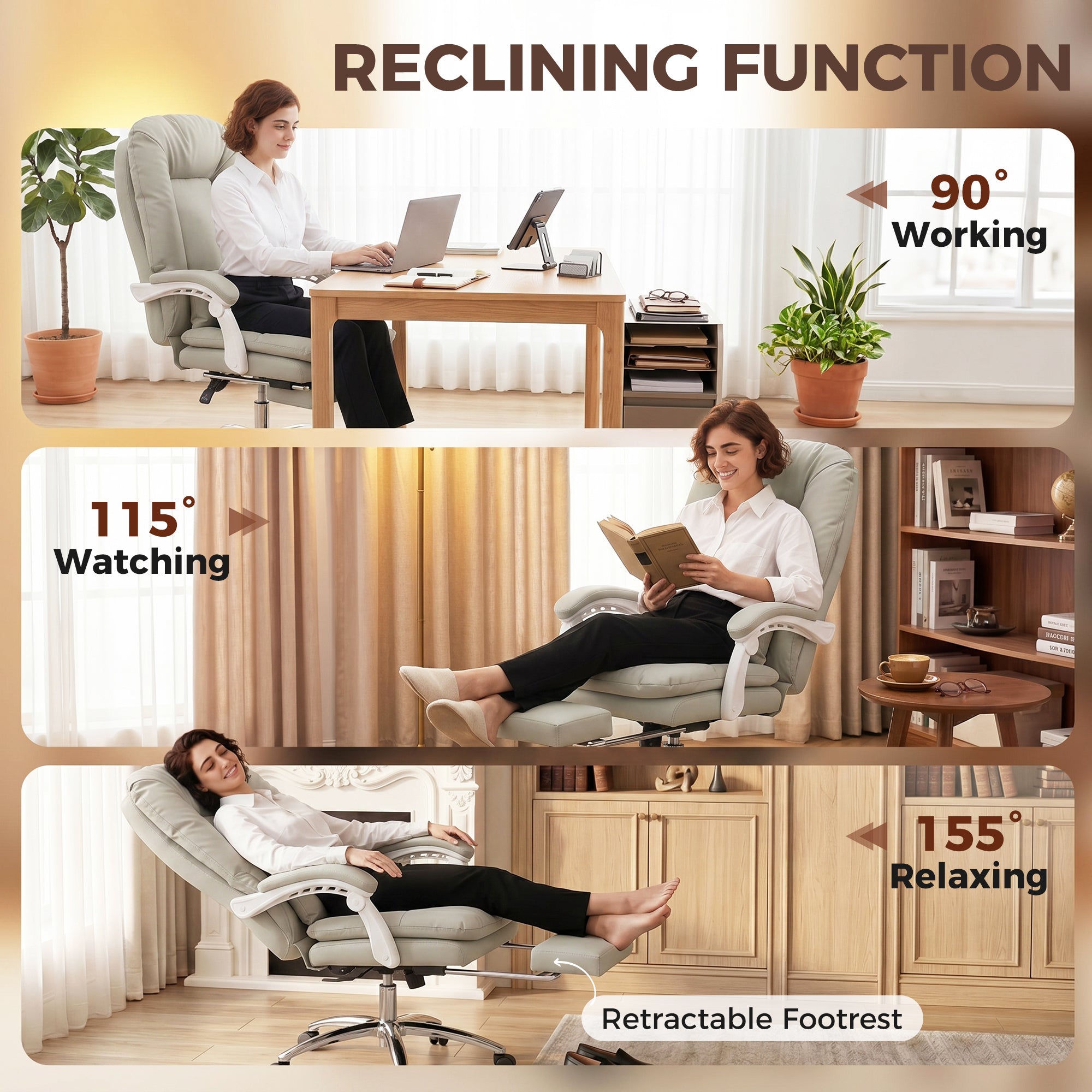 Ergonomic Executive Office Chair, Reclining Desk Chair with Lumbar Support, Footrest, Plush Thick Cushion, Khaki