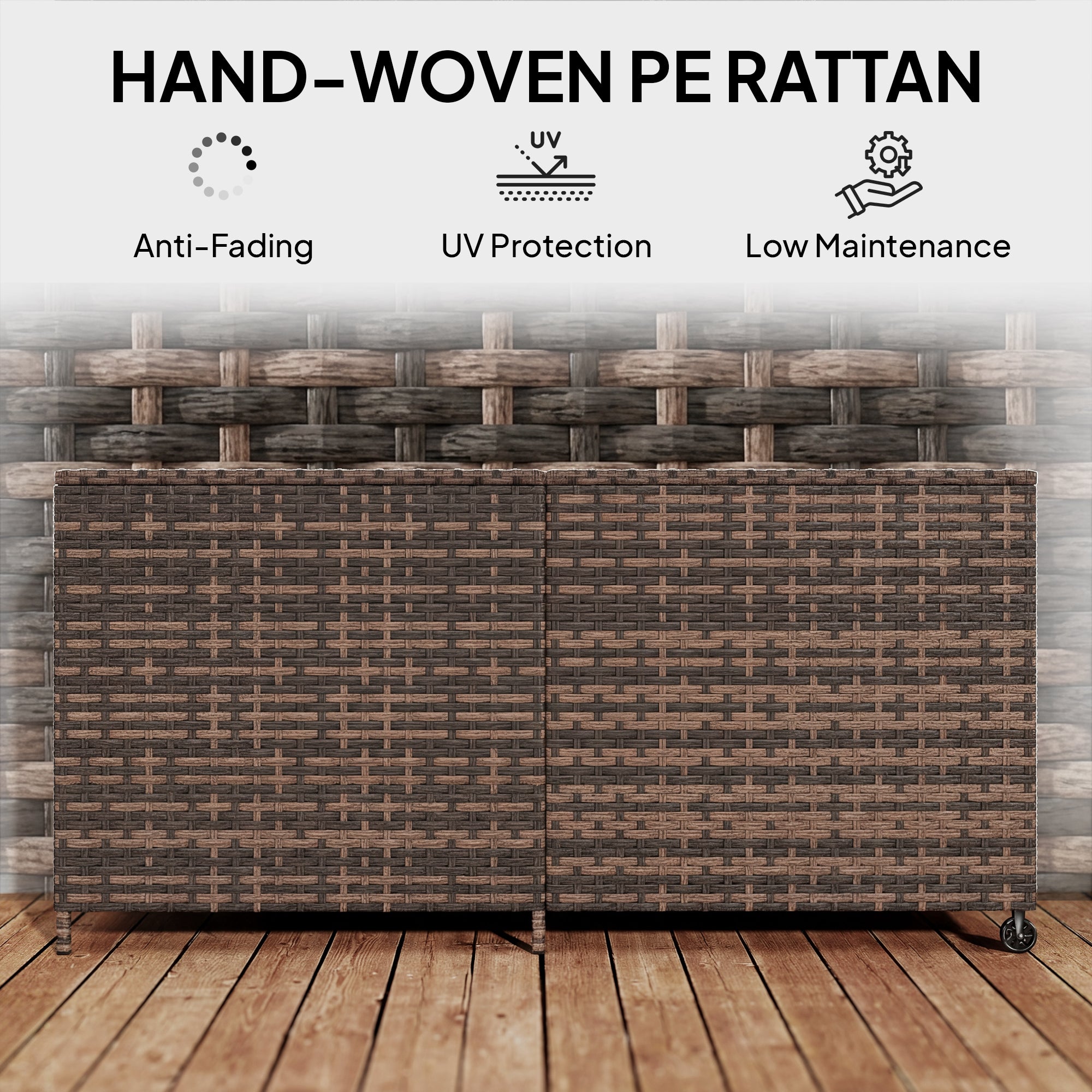 650L Garden Storage Box with 2 Wheels, Rattan Deck Box with Waterproof Zipped Liner, Safe Pneumatic Rods, Mixed Brown