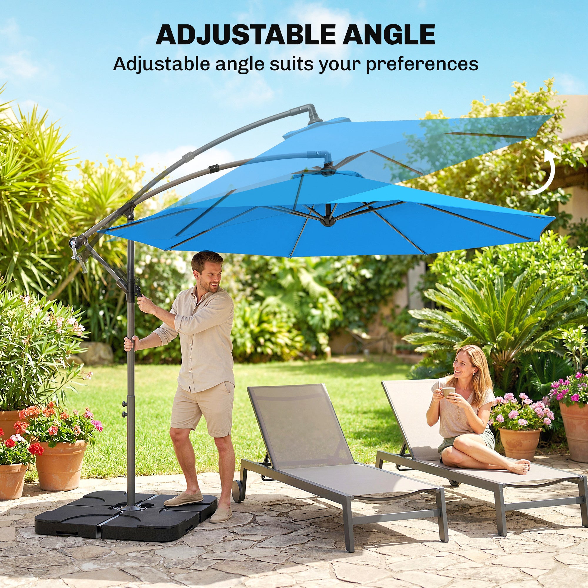 3m Overhanging Parasol, with Base, Weights and Cover - Blue
