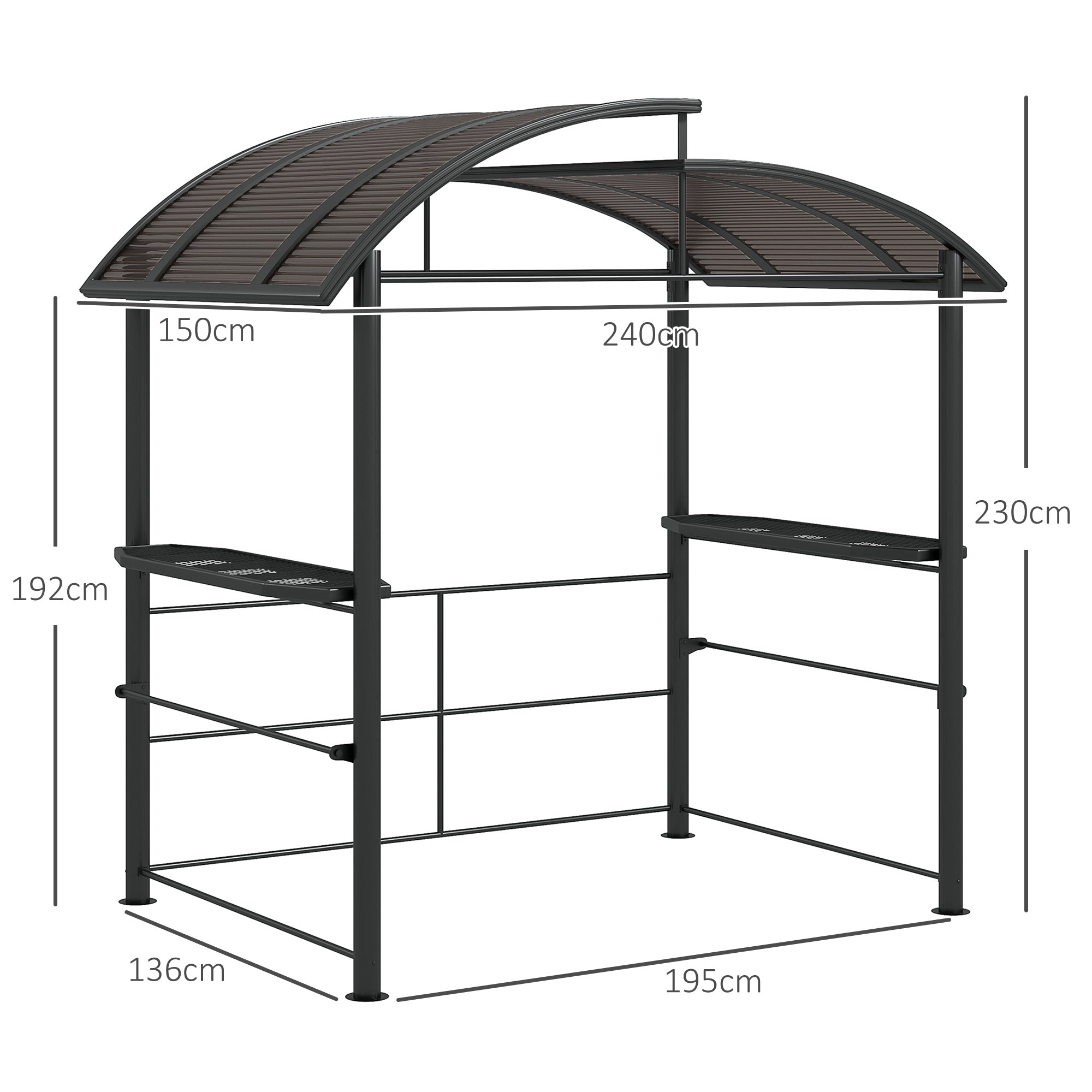 2.4 x 1.5m Outdoor Grill Gazebo with Side Shelves, PC Board Roof, Dark Grey