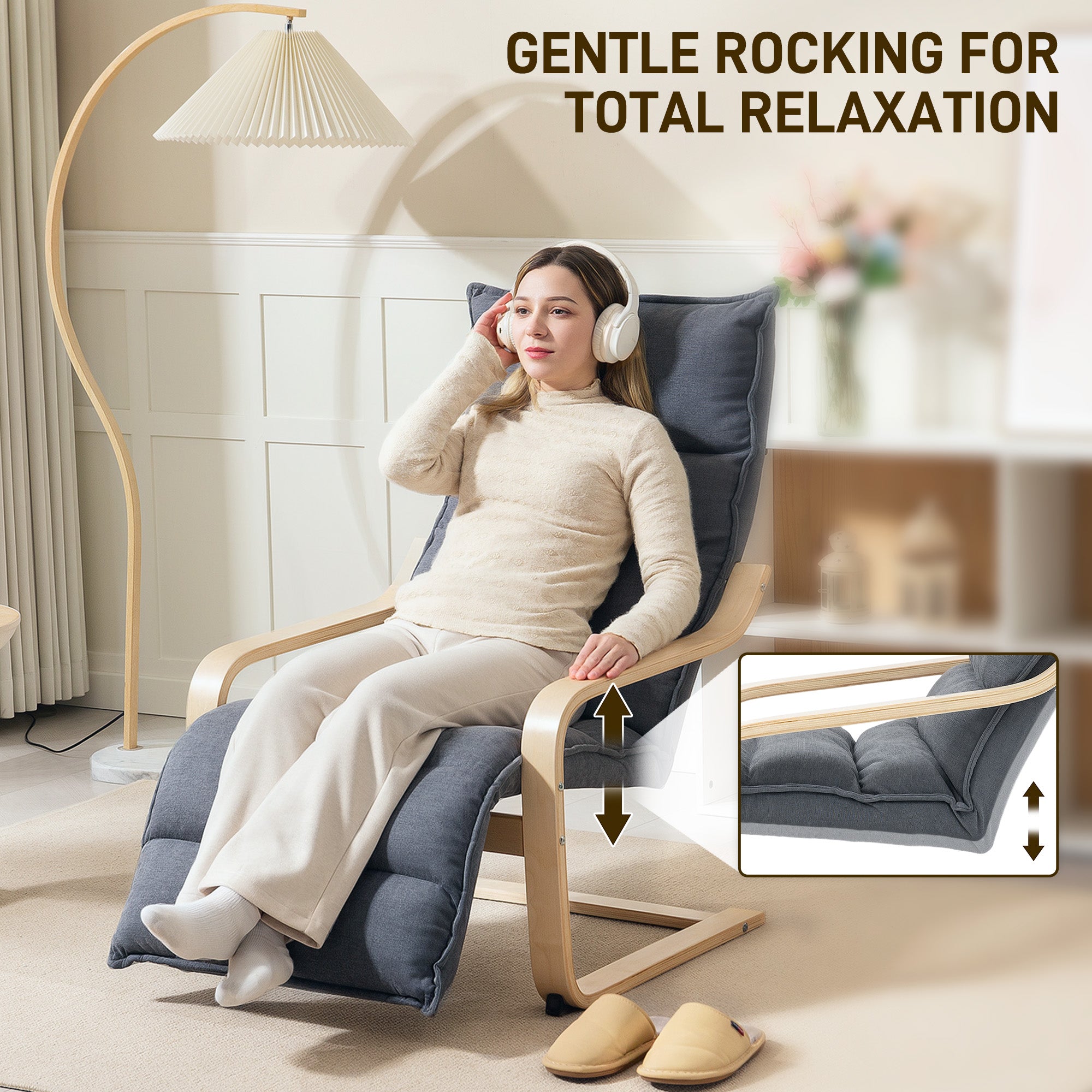Curved Wooden Accent Lounge Chair with Adjustable Footrest - Drak Grey