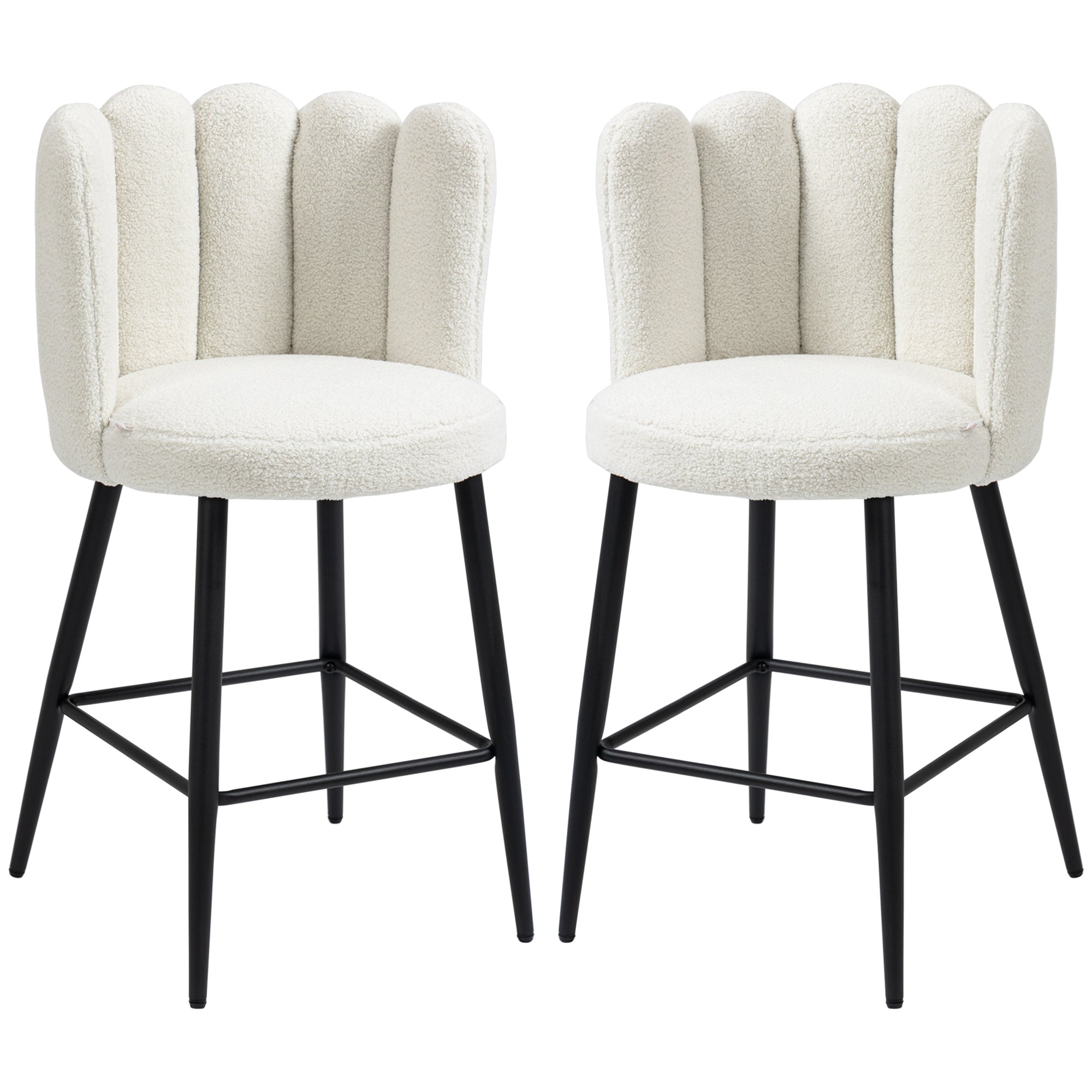 Bar Stools Set of 2, Faux Cashmere Upholstered Breakfast Bar Chairs, Modern Kitchen Stools with Backs, Footrest and Steel Base, Cream