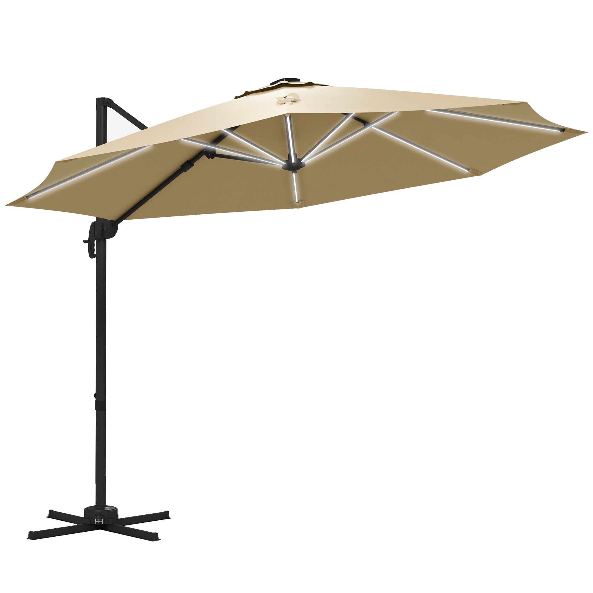 3(m) Adjustable Cantilever Parasol with Base, Solar LED Lights, Khaki