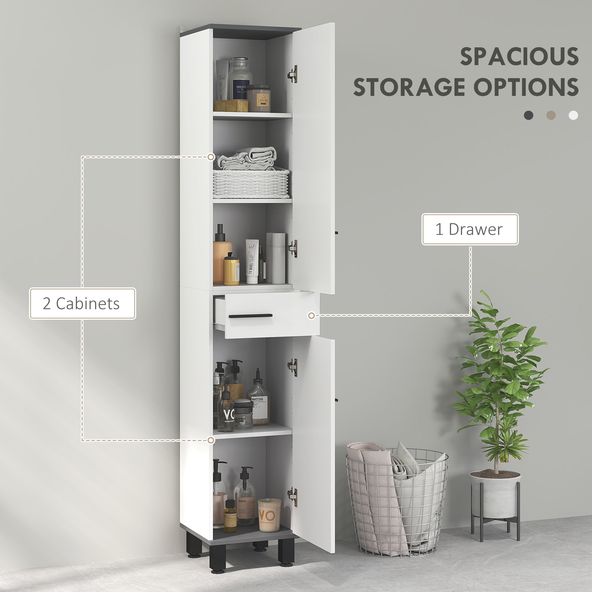 190cm Slim Bathroom Storage Cabinet - White