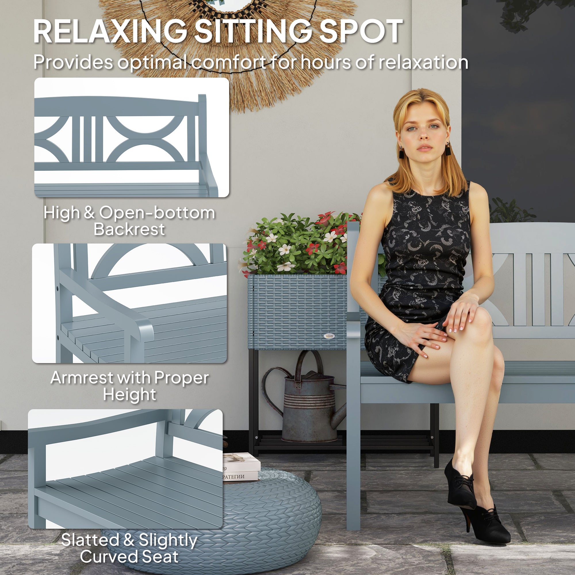 2 Seater Wooden Garden Bench with Armrests - Grey