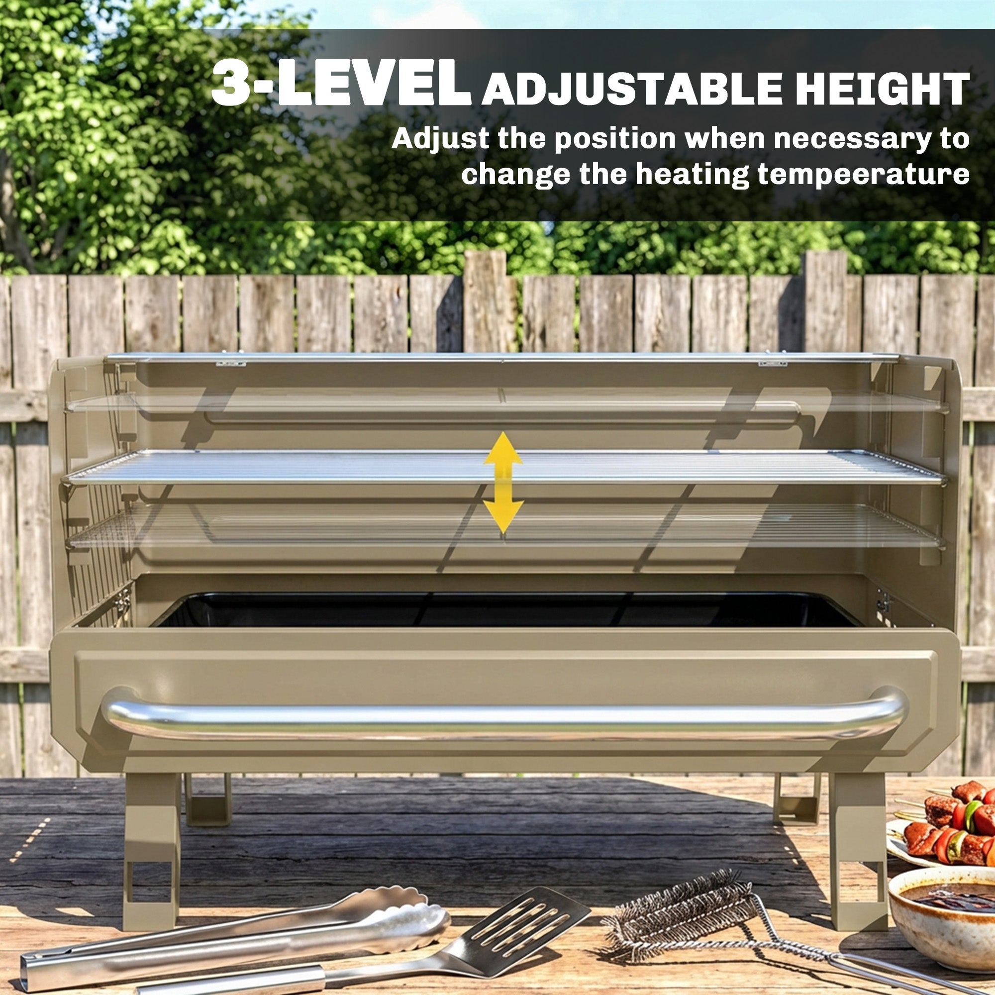 Portable BBQ Grill, Charcoal Barbecue Grill with Adjustable Grates, Foldable Legs, Side Shelf for Camping Travel, Khaki