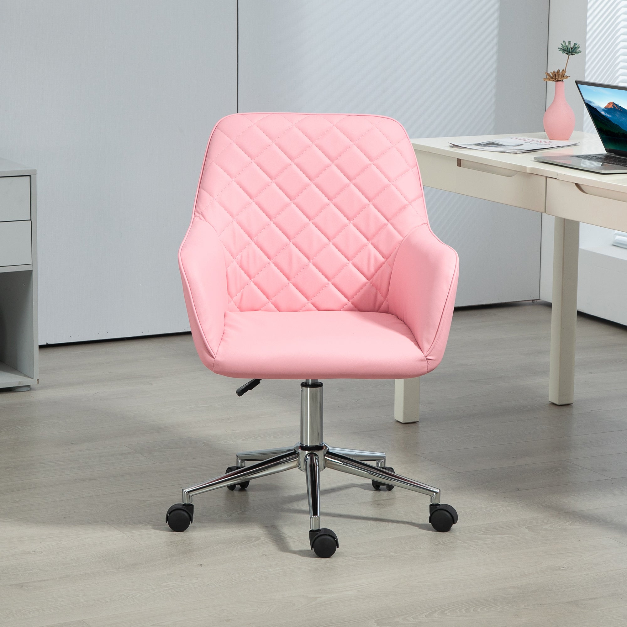 Office Desk Chair, Leather-Feel Fabric Computer Swivel Chair with Rolling Wheels and Adjustable Height for Home, Pink