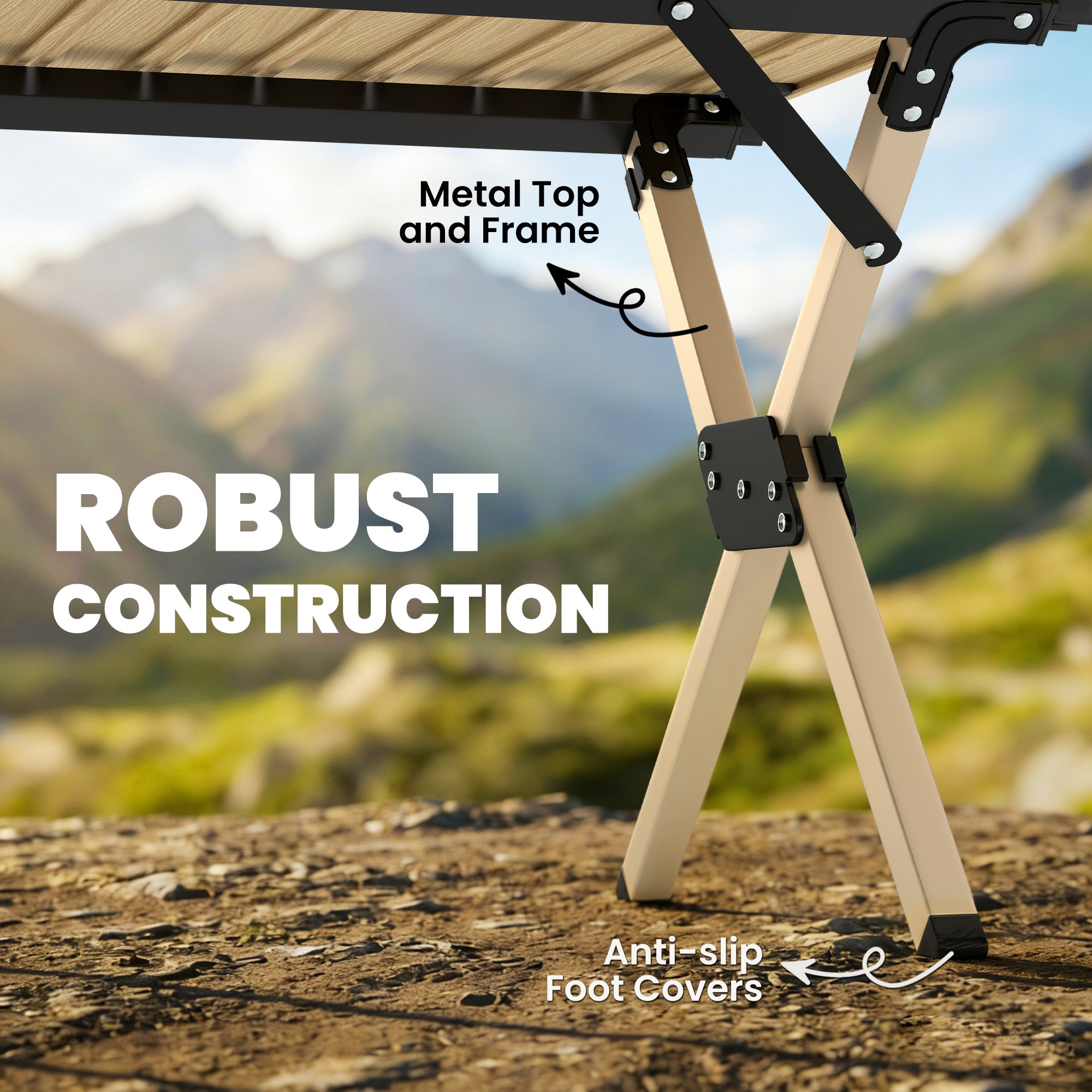 4ft Folding Camping Table, Waterproof Picnic Table with Roll Up Top and Metal Frame, Dark Brown