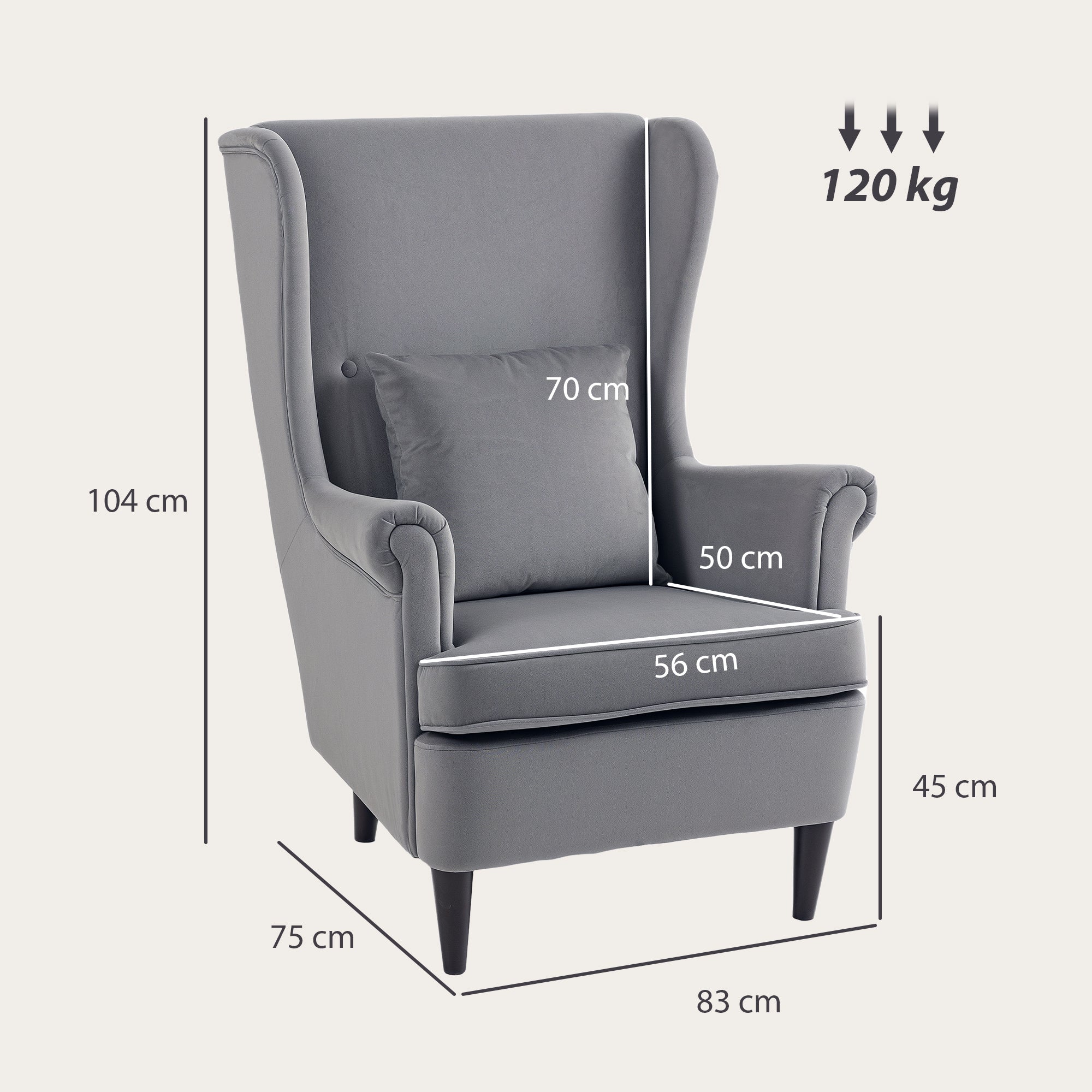 Modern Accent Chair with High Backrest and Pillow, Velvet-Feel Fabric Reading Chair with Solid Wood Legs, Grey