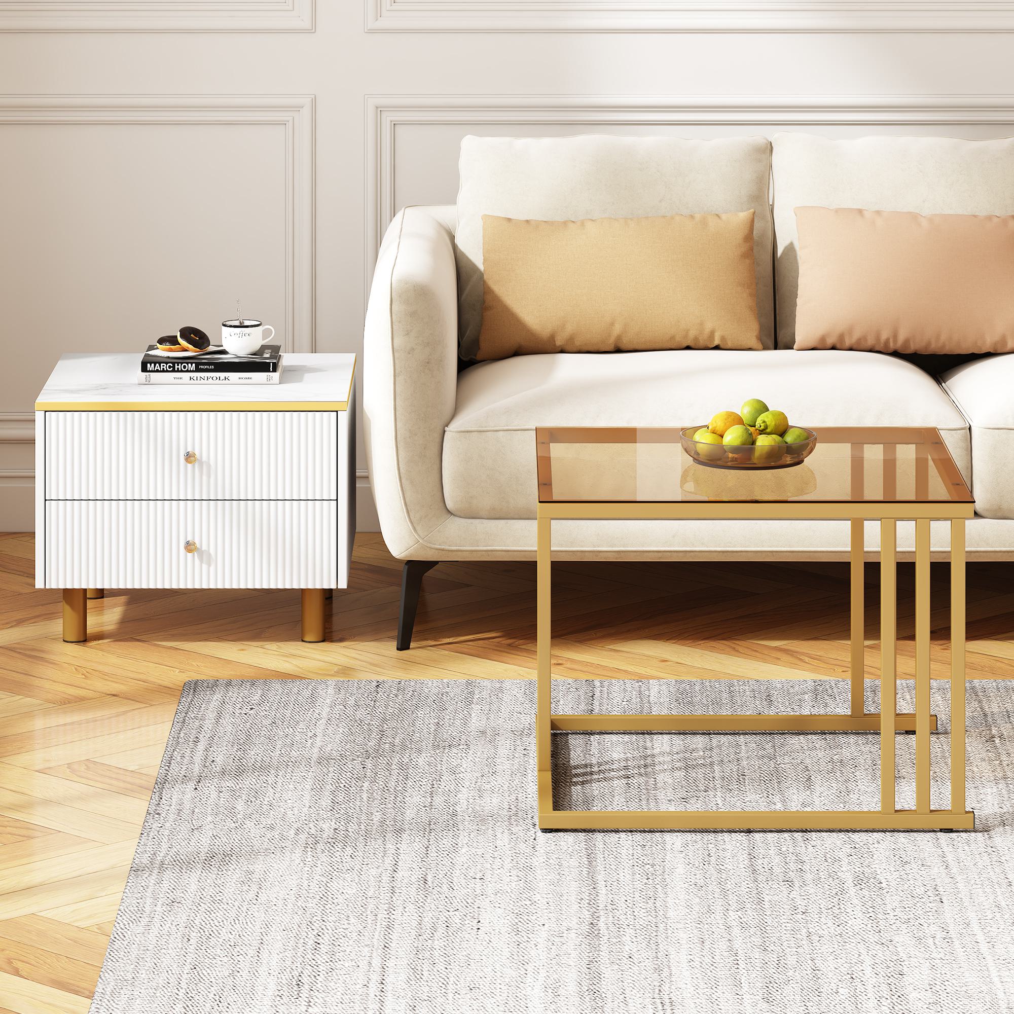 2 Piece Nesting Coffee Table Set with Marble Pattern and Modern Gold Design, Square End Table with Drawer and Metal Frame, Gold+White