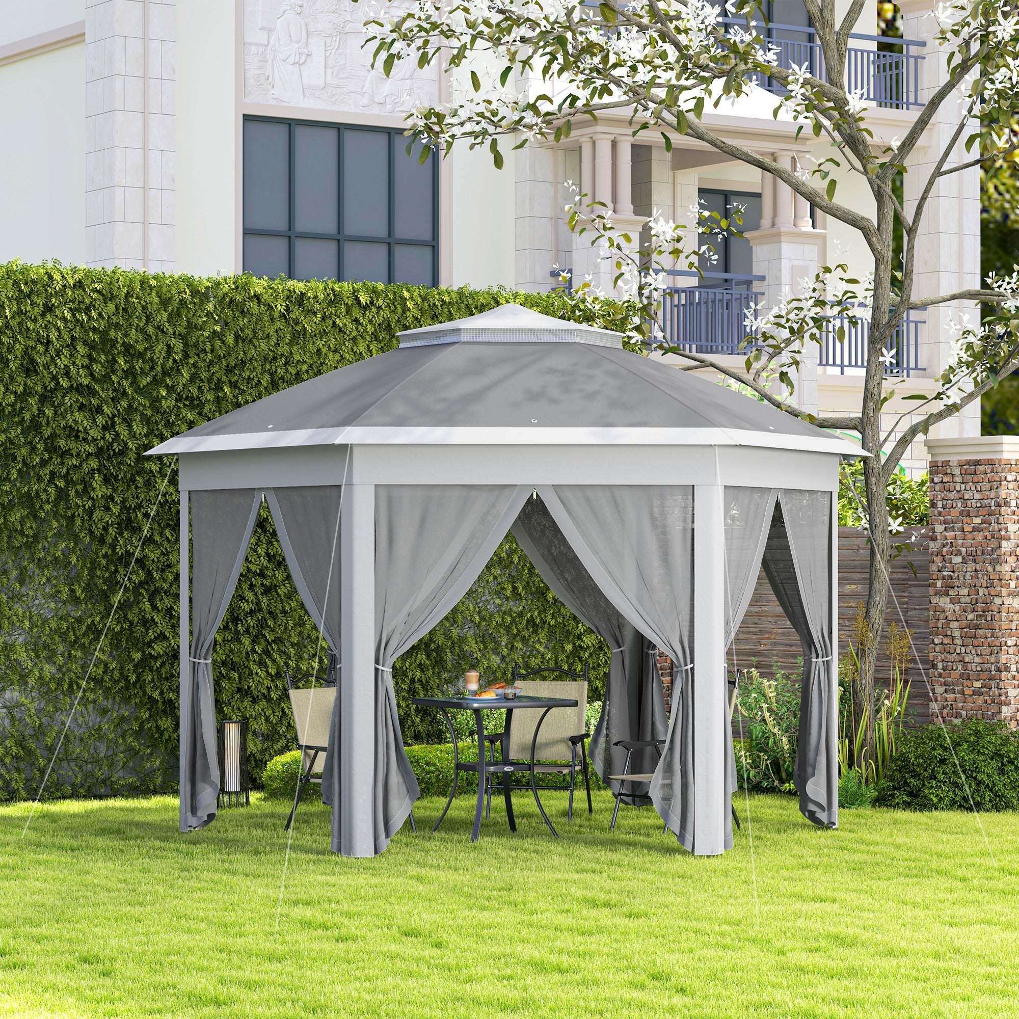 3 x 4m Garden Gazebo Set with Netting - Dark Grey Double Roof Pop Up Shelter