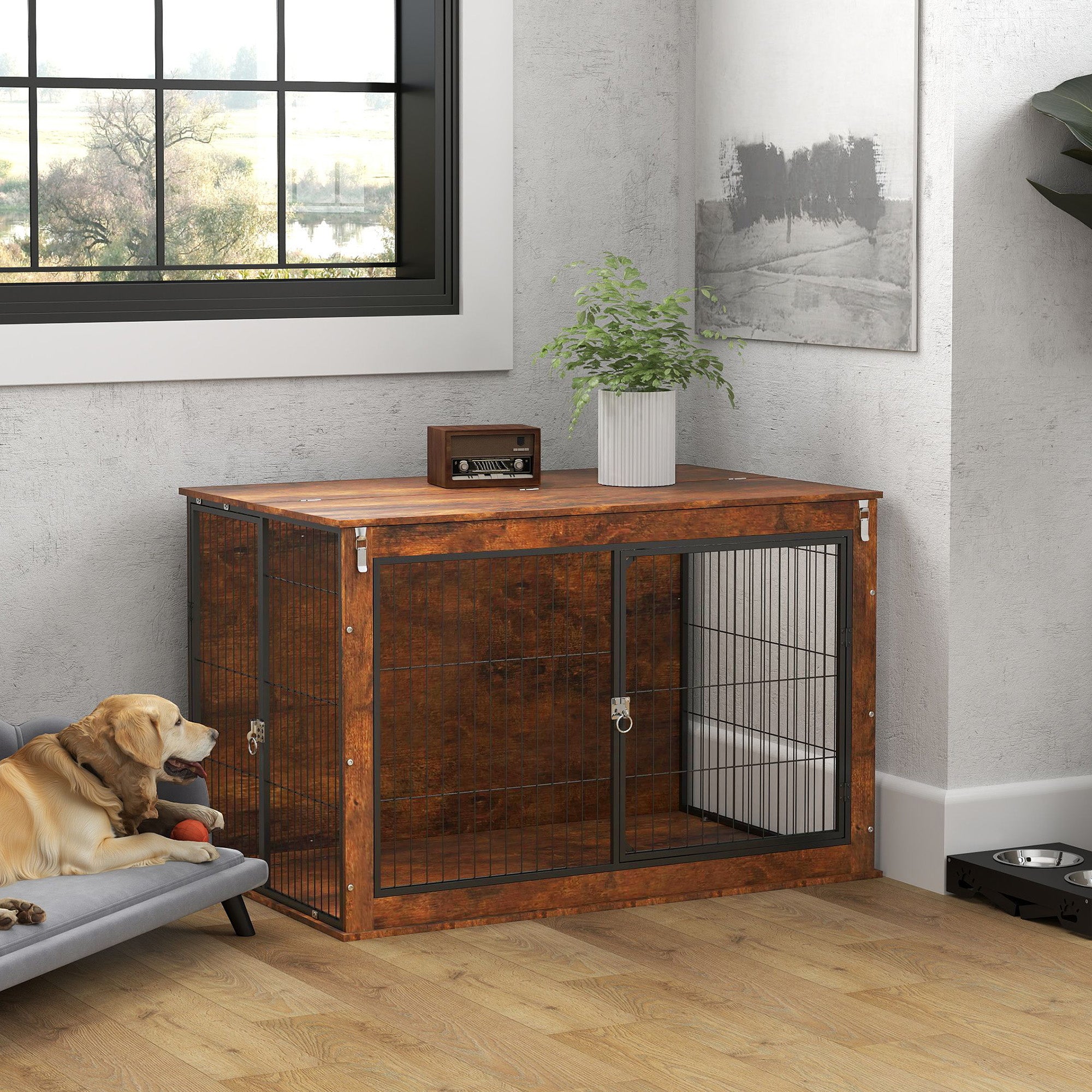 Dog Crate Furniture with Flip-up Top, 2 Doors, for Extra Large Dogs, 118 x 75 x 77cm, Rustic Brown