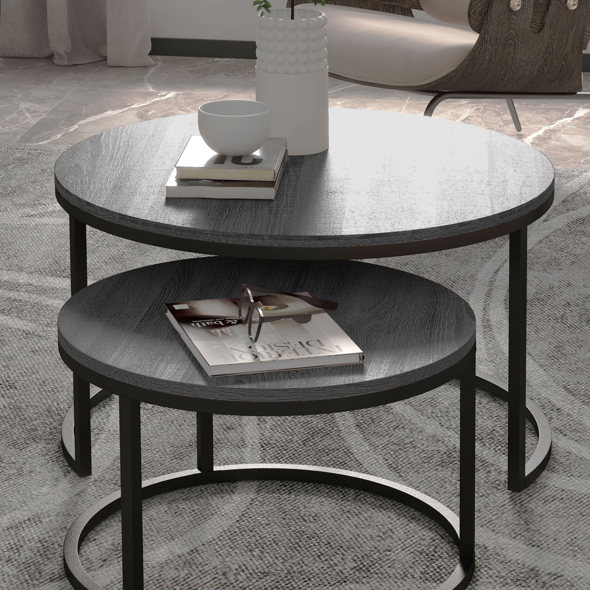 Set of Two Marble-Effect Stacking Tables - Wood Grey