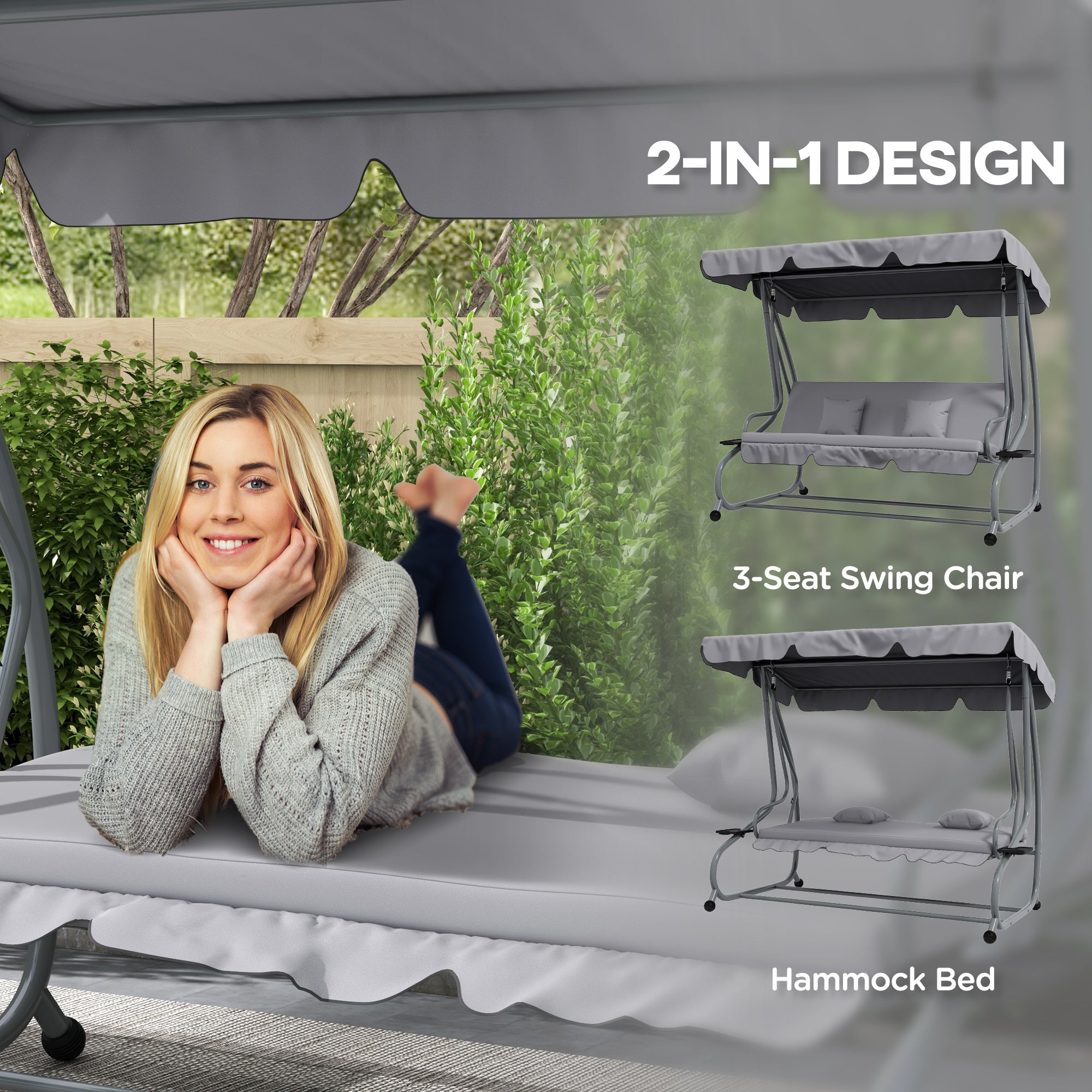 Three-Person Garden Swing Chair with Adjustable Canopy - Light Grey