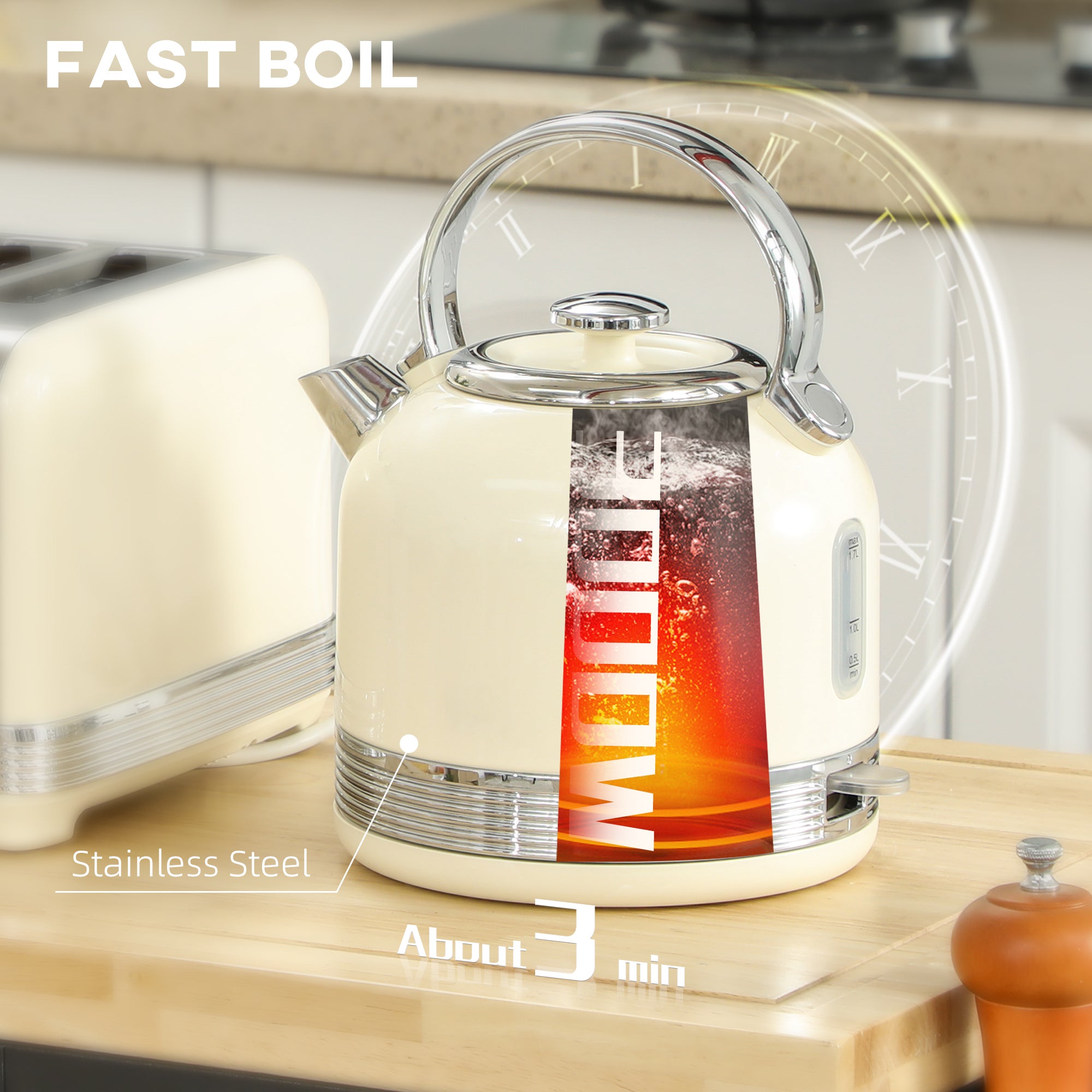 Polished Metal Kettle and Toaster Set - Cream