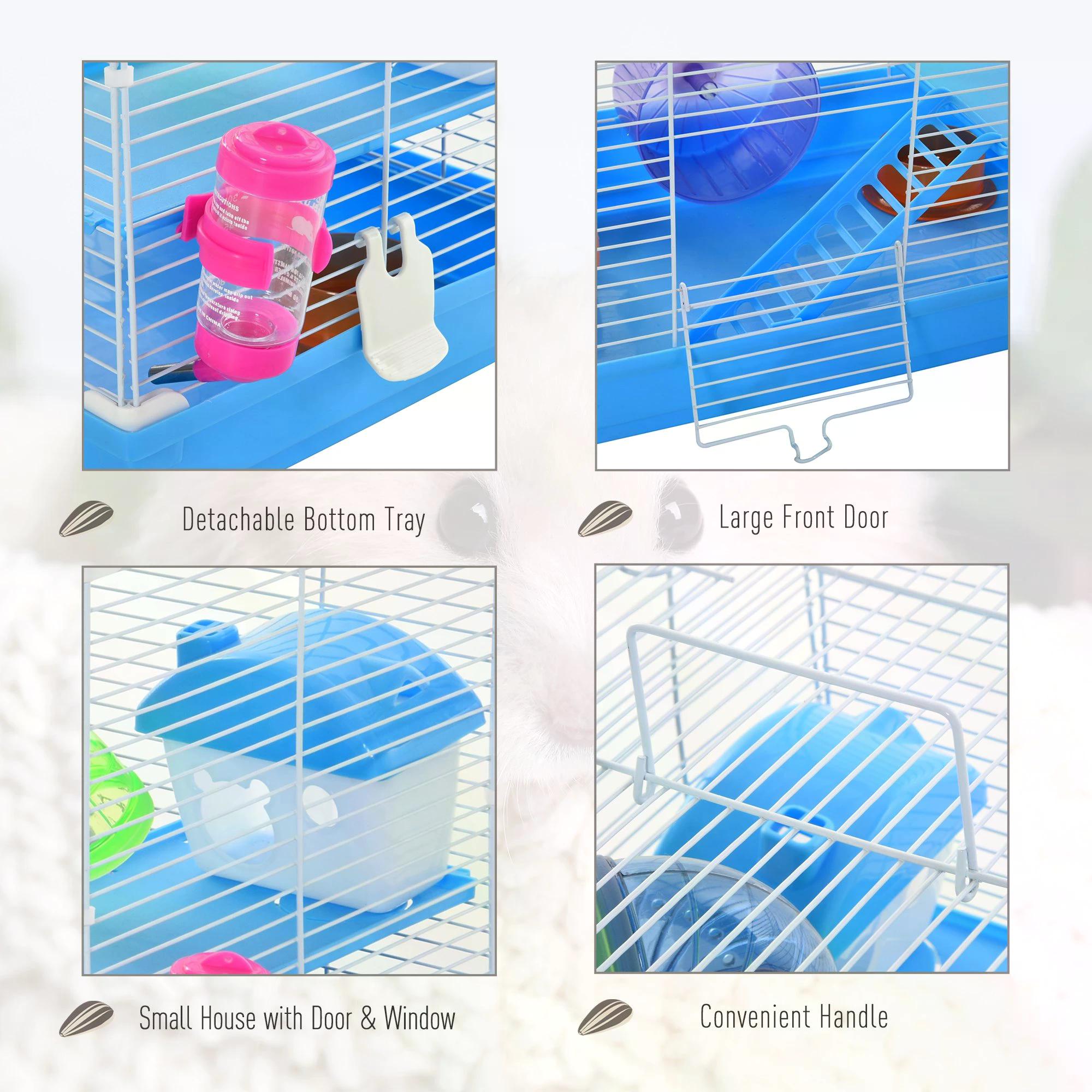 Pawhut 2 Tier Hamster Cage Carrier Habitat Small Animal House with Exercise Wheels Tunnel Tube Water Bottle Dishes House Ladder for Dwarf, Blue