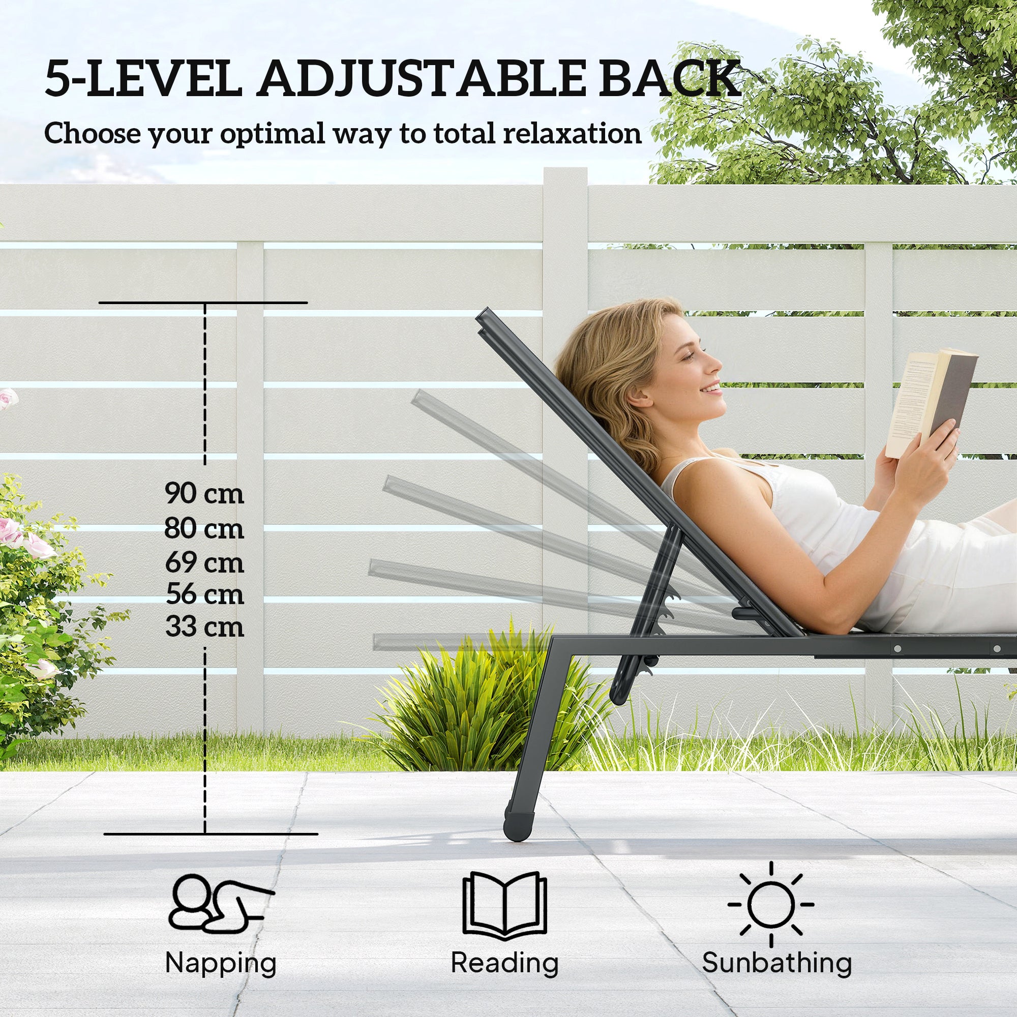 Sun Loungers Set of 2 with Side Tray Table, Garden Recliners with 5-Position Adjustable Backrest, 2 Wheels, Khaki