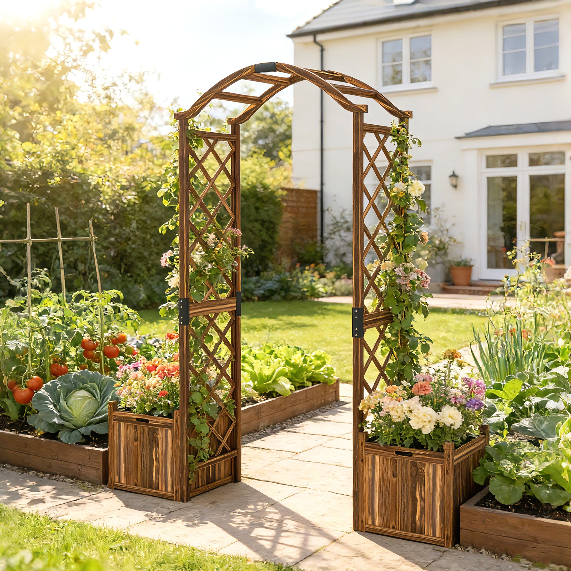 Wooden Garden Arch with 2 Planter Boxes, Outdoor Rose Arch Trellis for Climbing Vines, Carbonised
