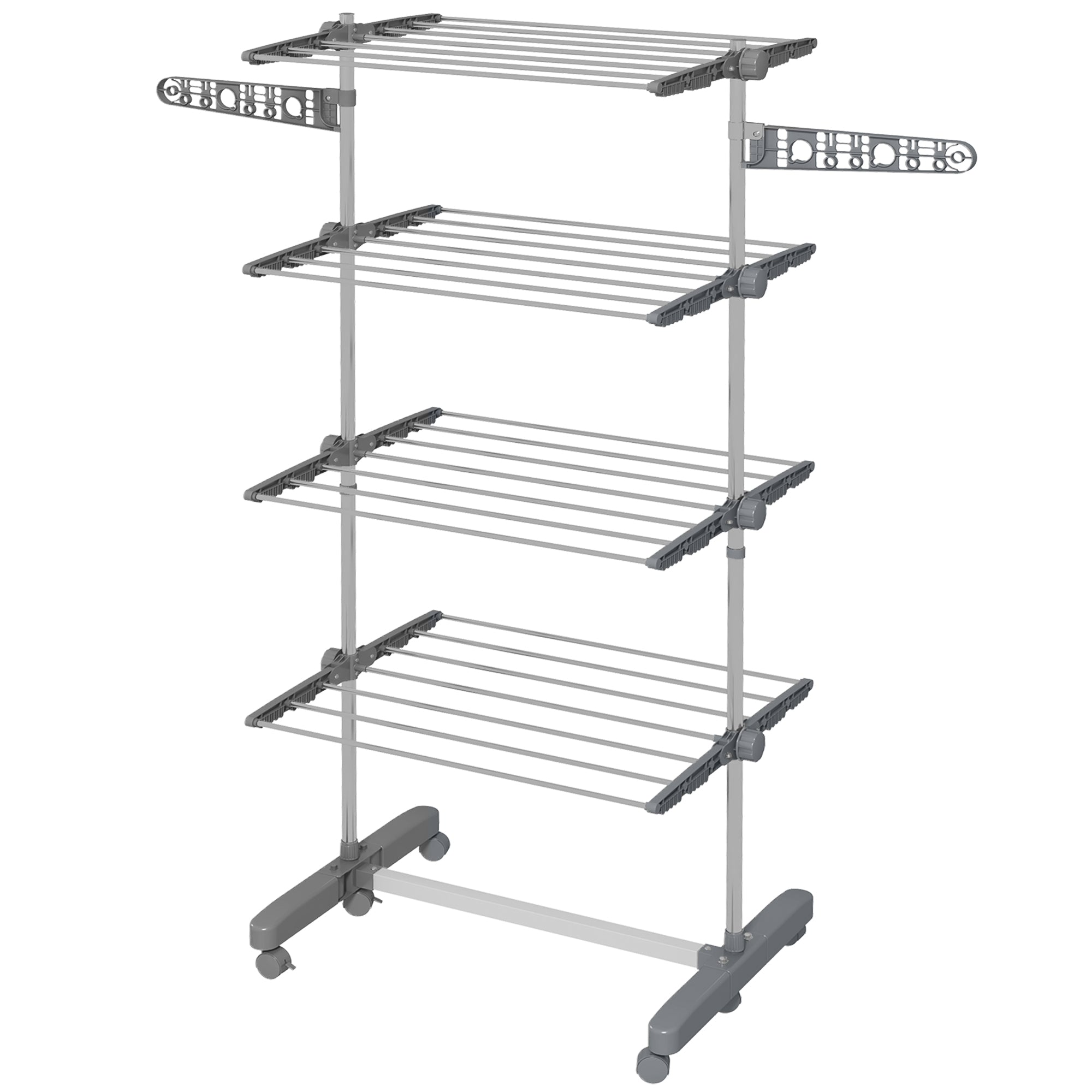 Four-Shelf Collapsing Clothes Horse, With Side Arms and Wheels - Grey