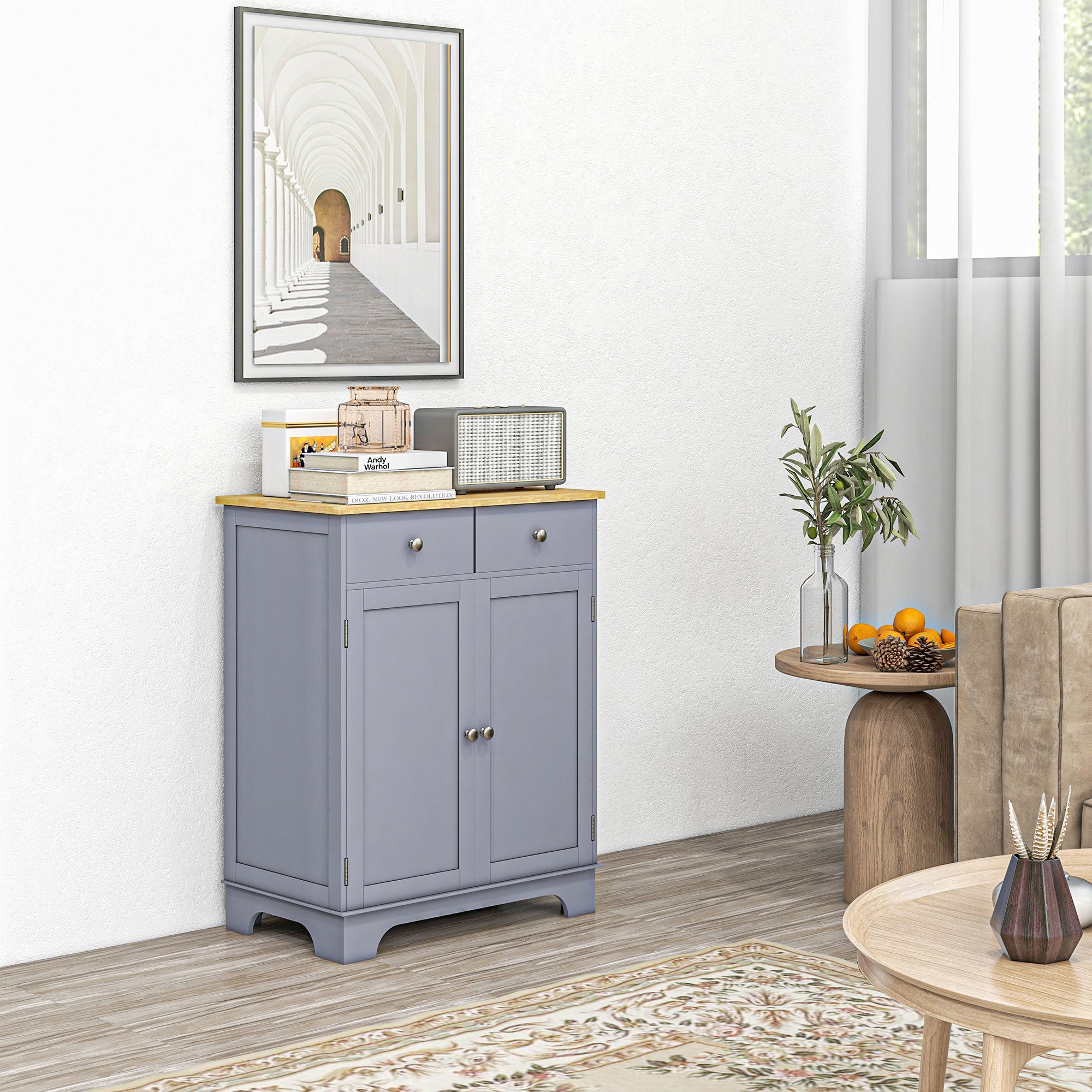 HOMCOM Side Storage Multi-use Sideboard Table Kitchen Floor Cabinet with Solid Wood Top, Adjustable Shelf, Drawer, Grey