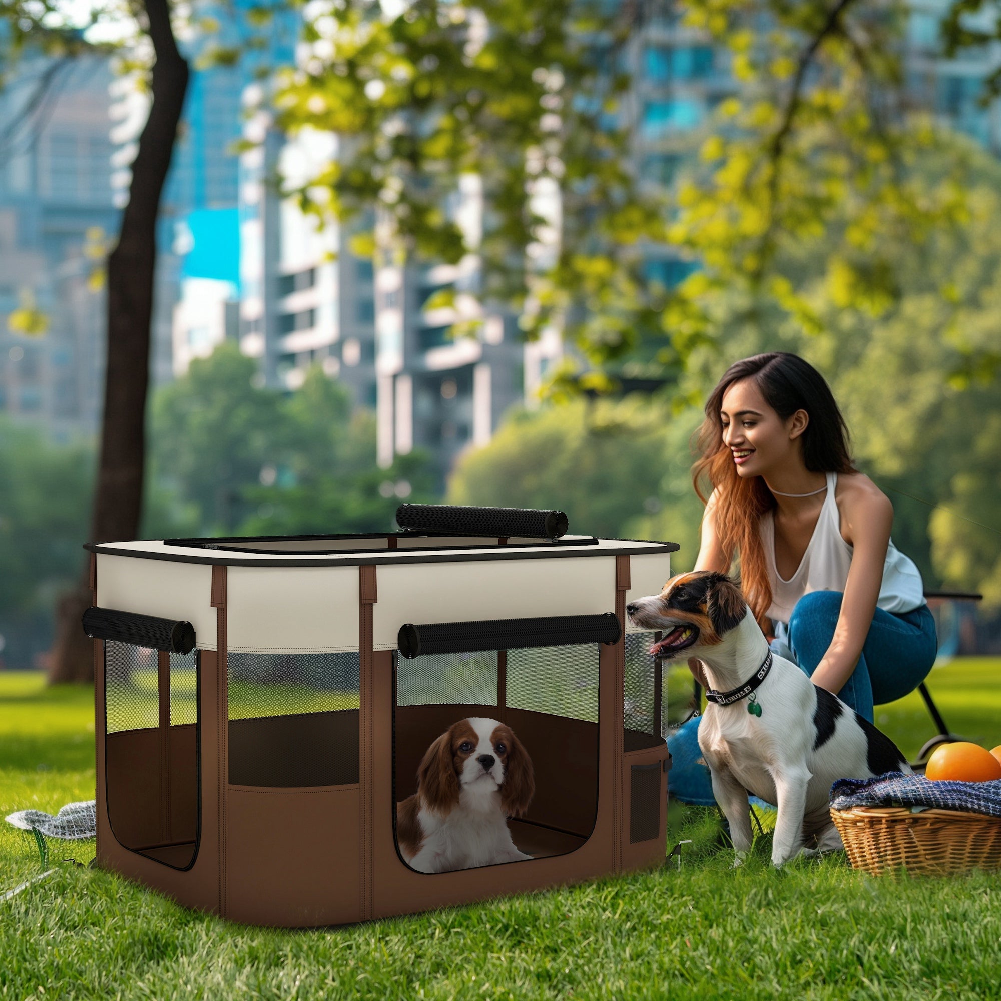 Foldable Dog Pen with Storage Bag for Indoor/Outdoor Use, Portable Pet playpen, with Ground Stakes - Brown