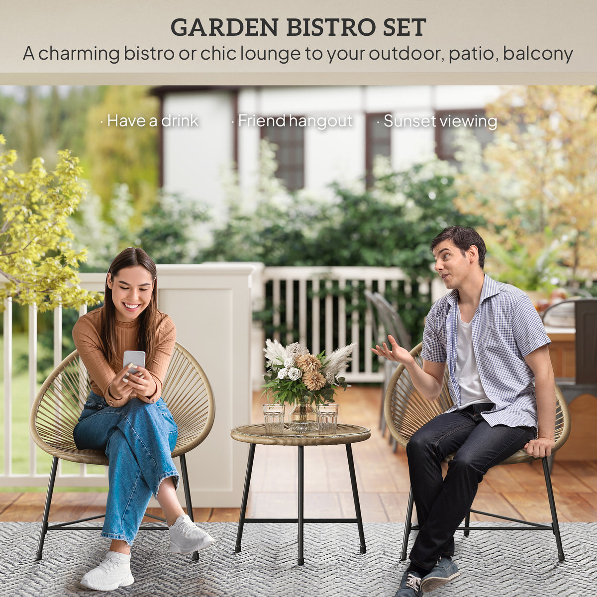 3 Pieces Rattan Bistro Set with Acapulco Chairs and Glass Top Table for Outdoor Patio Balcony - Natural