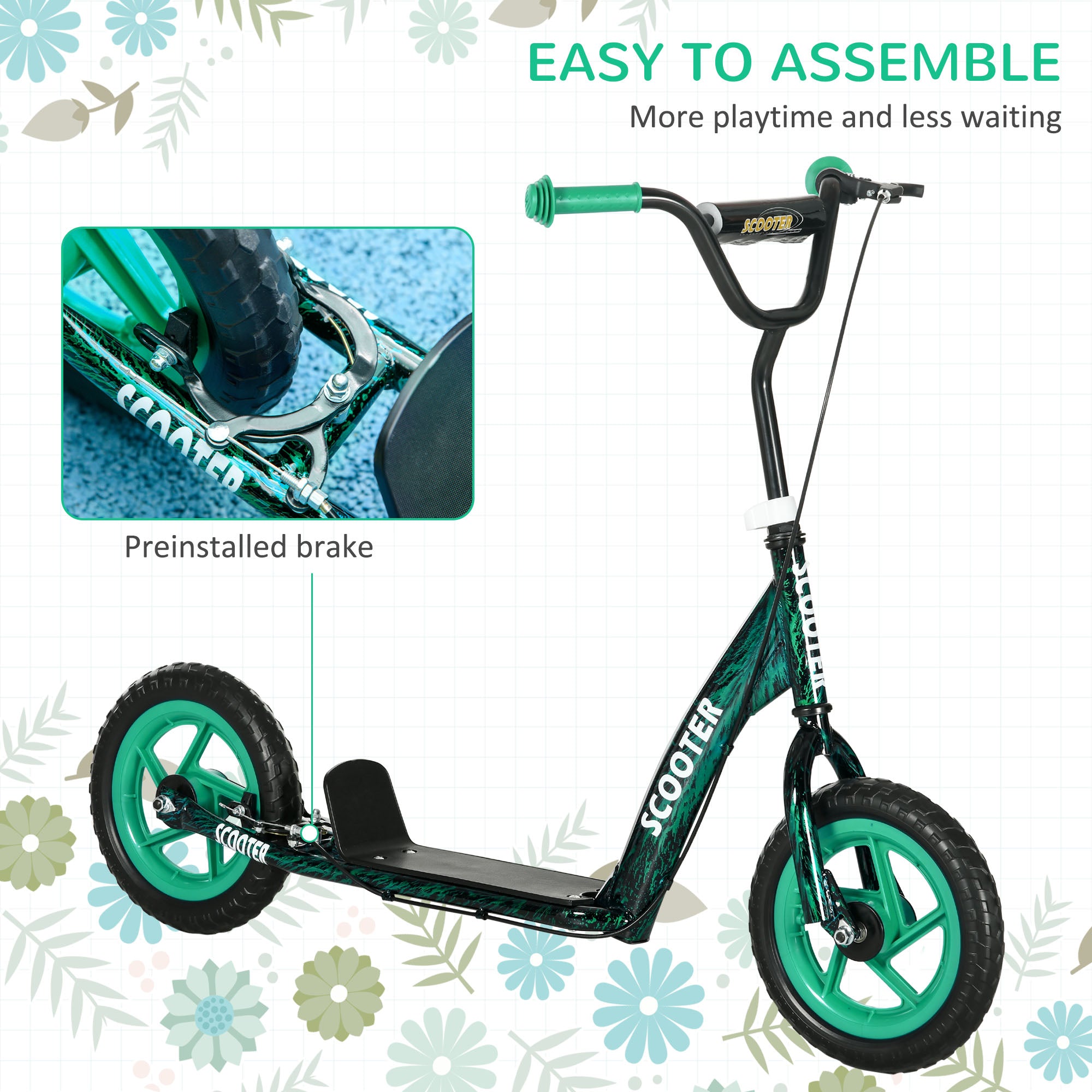 Kids Scooter with Adjustable Handlebar, Children's Kick Scooter with Non-slip Footplate, Rear Brake, Kickstand, Green