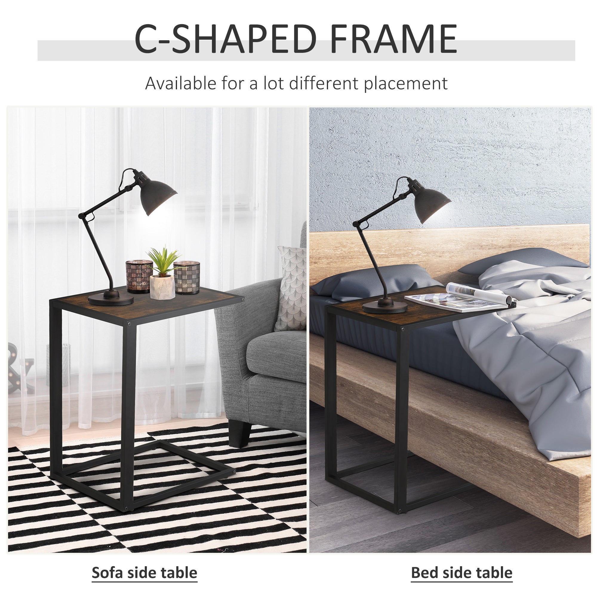 C-Shaped Side Table, Sofa End Table with Metal Frame, Accent Couch Table for Living room, Bedroom, Set of 2, Brown and Black