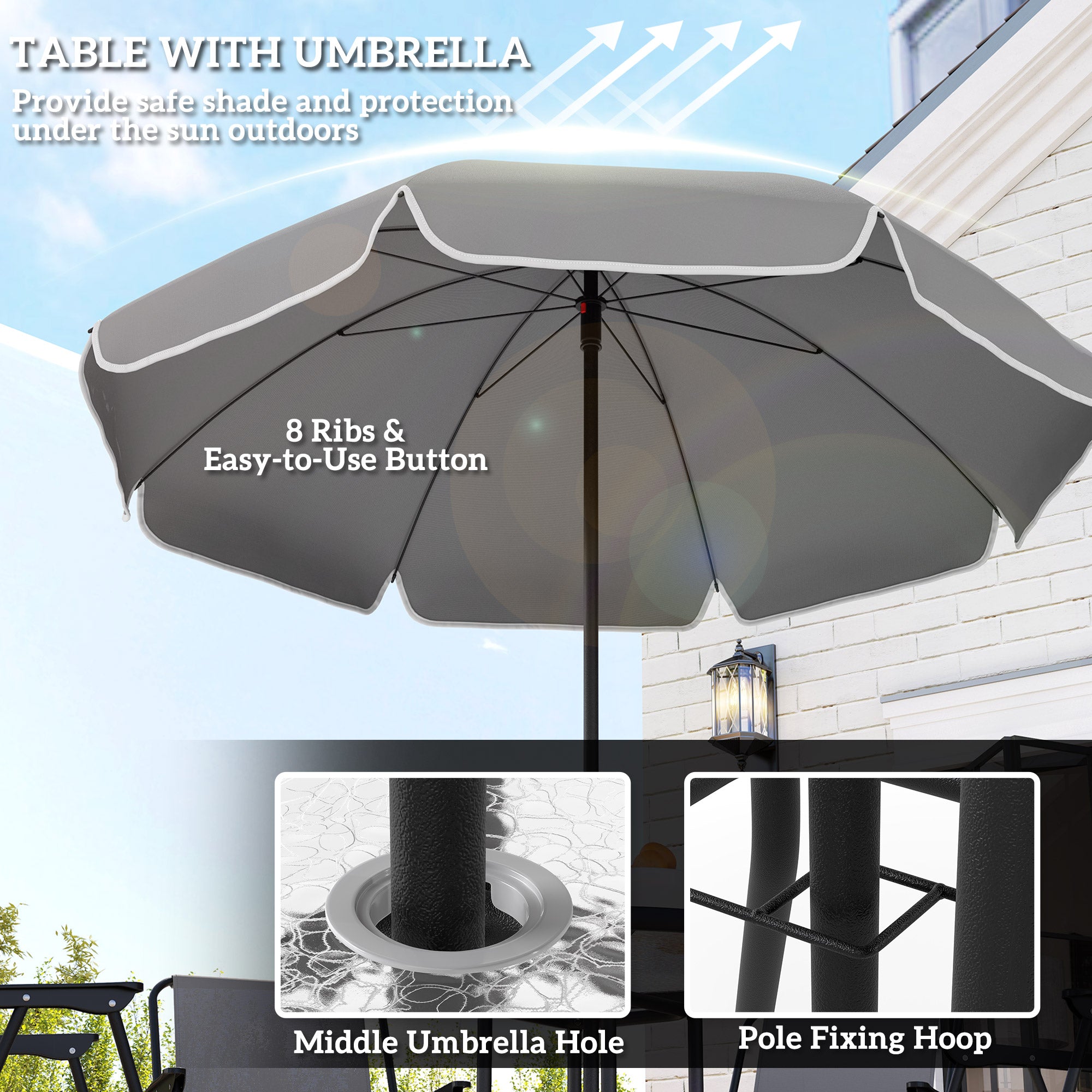 4 Seater Garden Furniture Set with 6 Pieces Table, Folding Chairs & Parasol - Grey