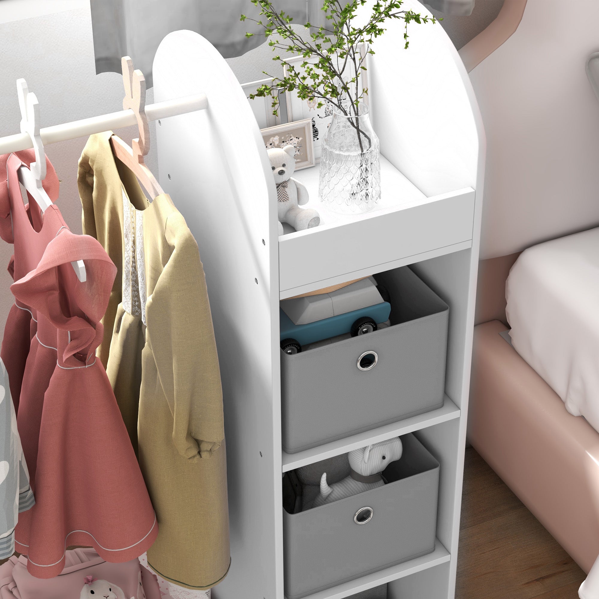 Kids Clothes Rail with Storage Shelf, Boxes & Mirror for Bedroom Nursery - White