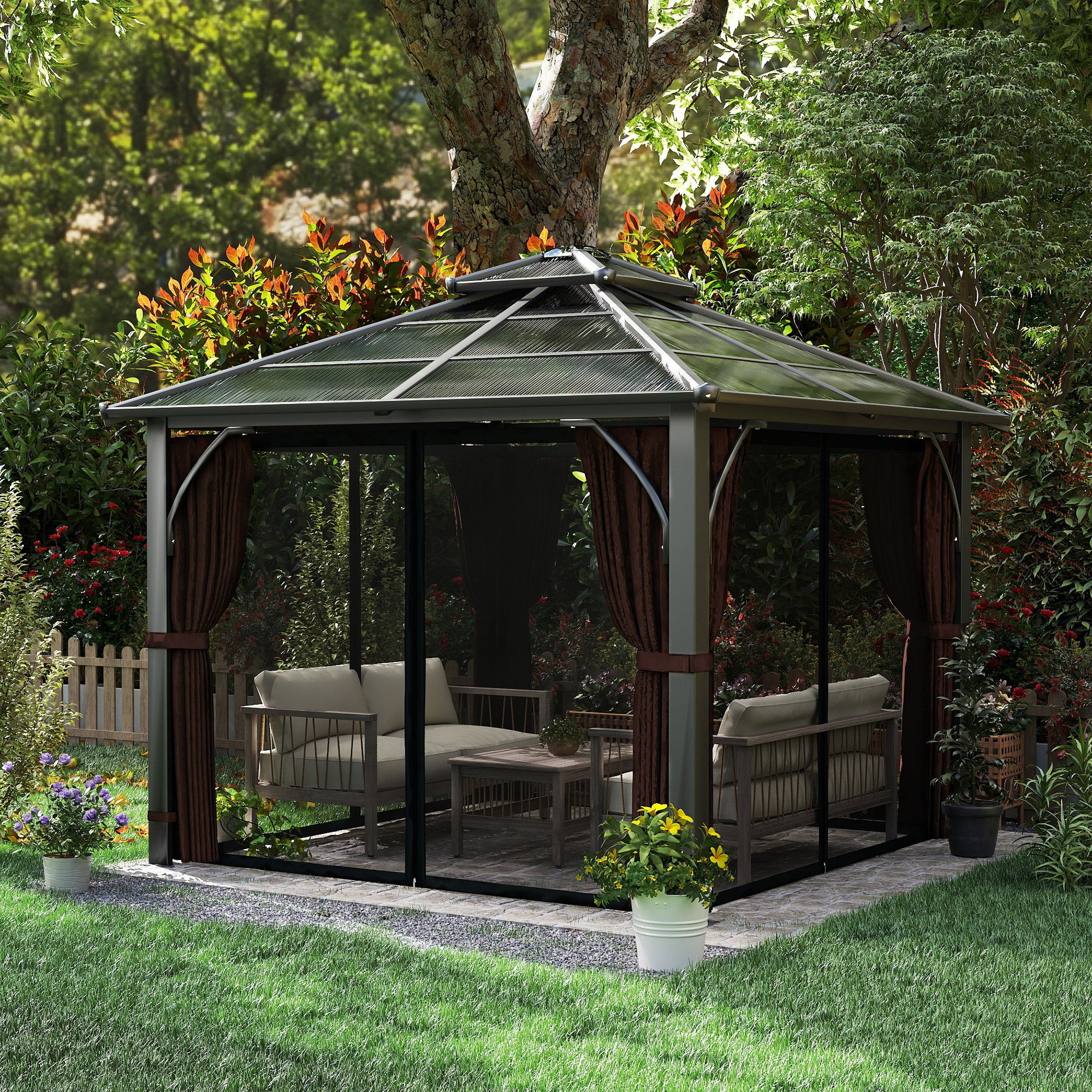 3 x 3(m) Hardtop Gazebo Canopy with 7mm Double Polycarbonate Roof, Garden Gazebo Permanent Pavilion with Mosquito Netting and Curtains for Patio, Deck, Brown