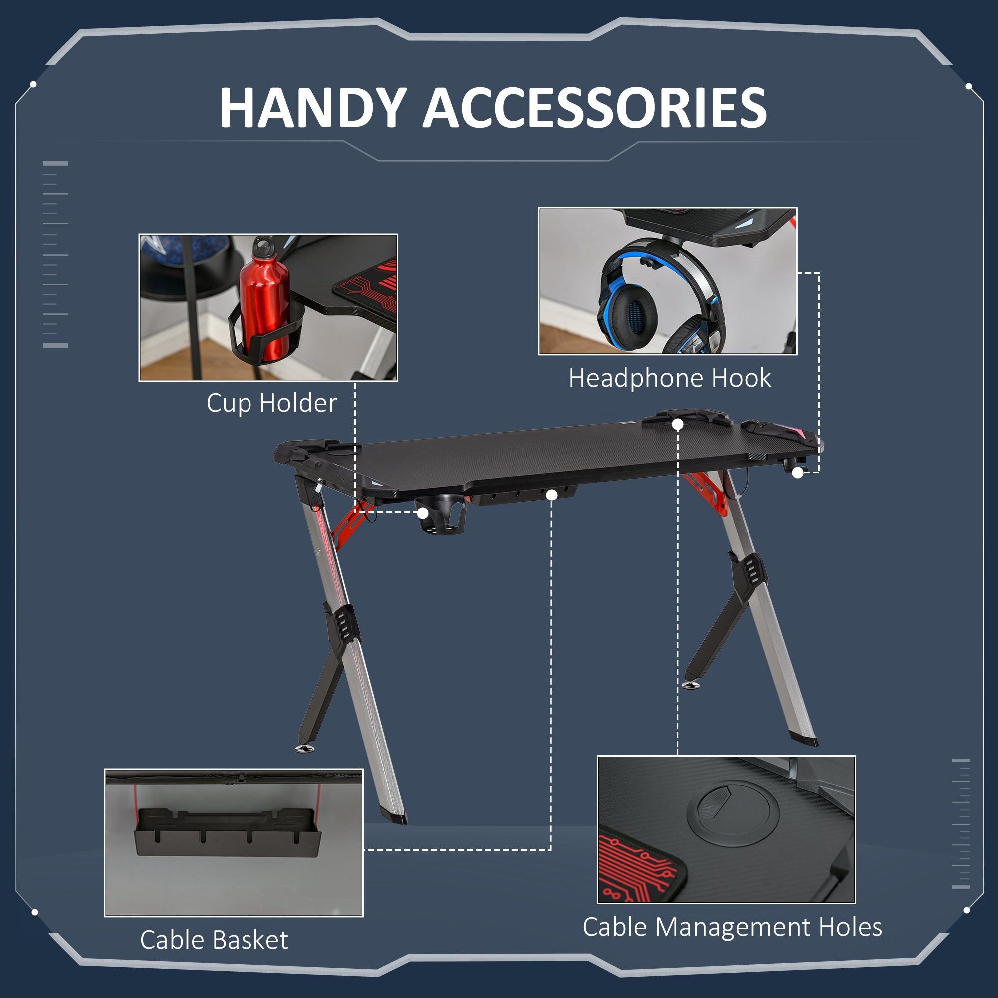 Gaming Desk with LED Lights, 120 x 60cm Computer Desk, Gaming Table with Carbon Fibre Tabletop, Cup Holder, Headphone Hook, Cable Management, Black