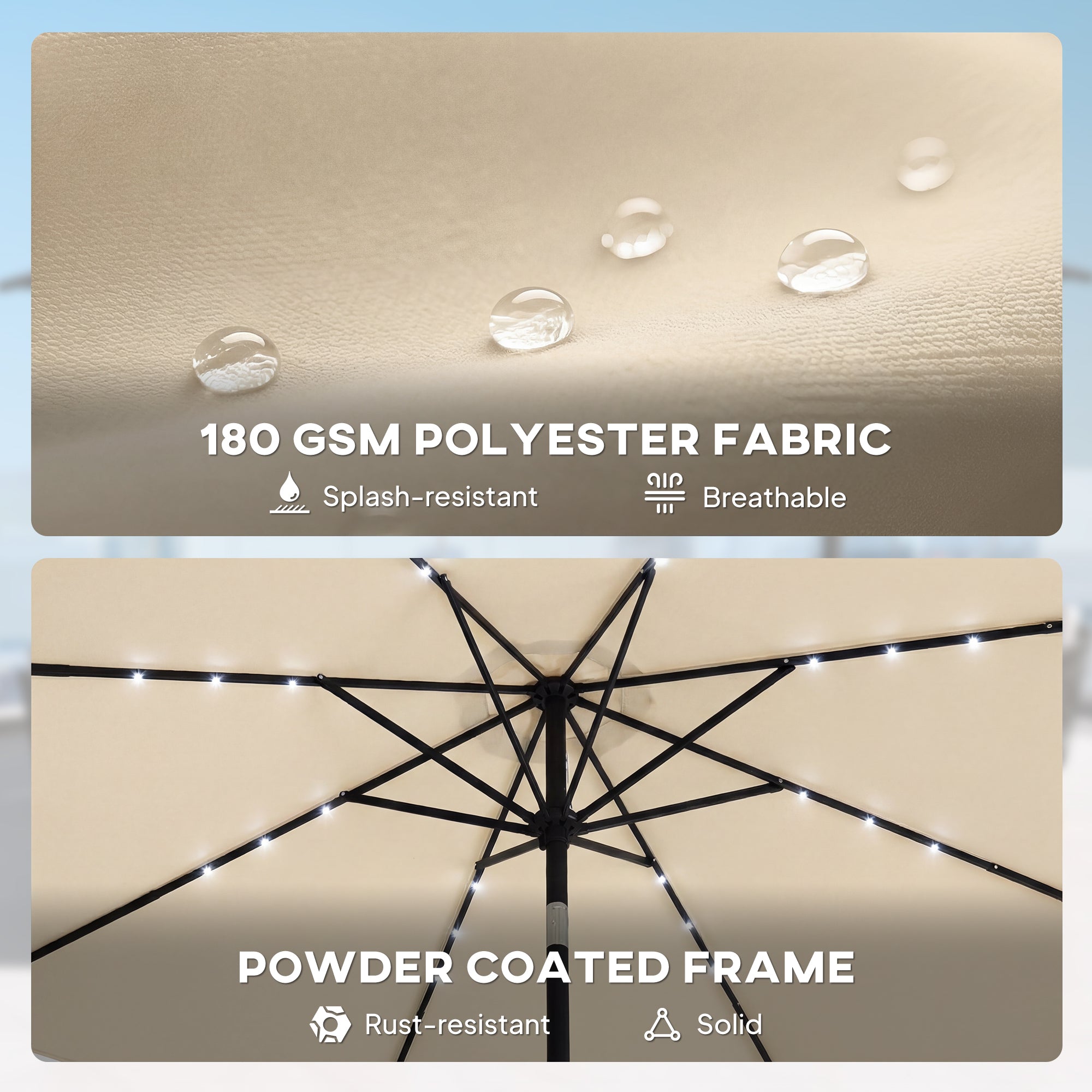 2.6 m Garden Parasol Umbrella with LED Solar Light, Parasol Cover, Outdoor Market Patio Umbrella, Beige