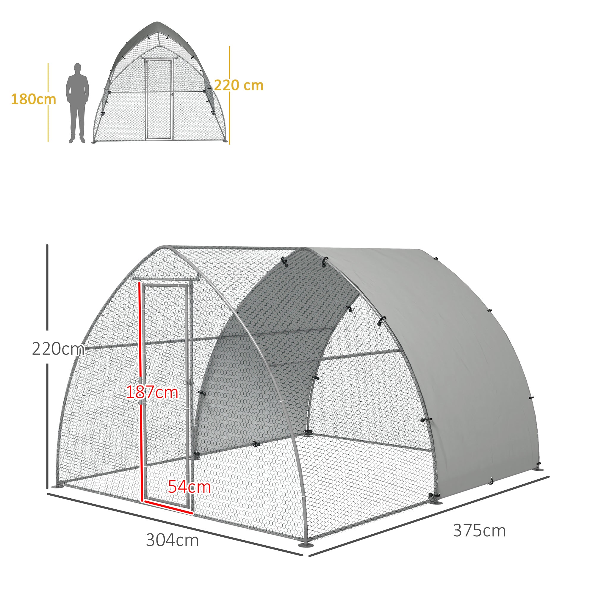 Galvanised Outdoor Chicken Coop, with Cover, for 8-12 Chickens, Hens, Ducks, Rabbits, 3 x 3.8 x 2.2m - Silver Tone