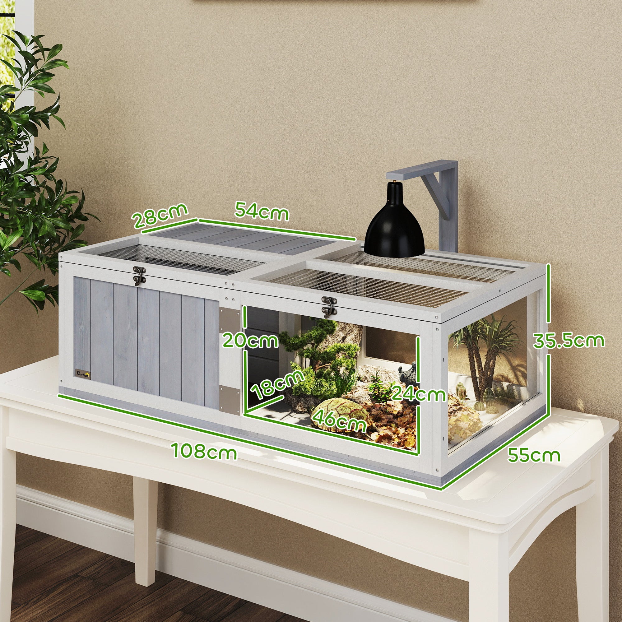 Wooden Tortoise House with Lamp Holder, Observation Window & Openable Tops - Light Grey