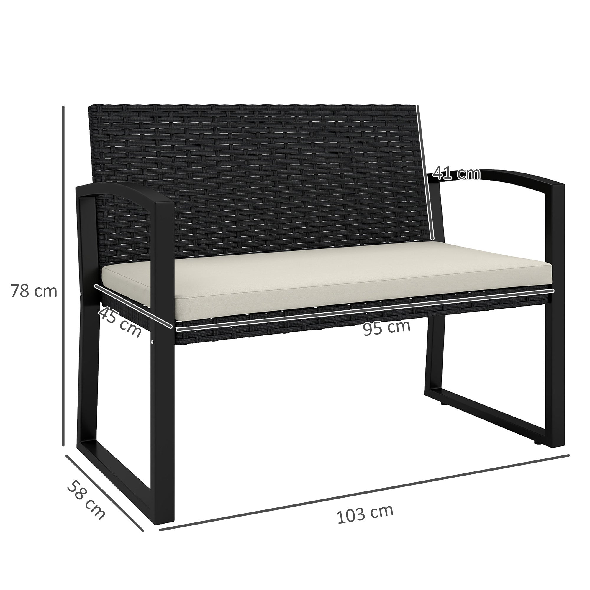Two-Seater Rattan Garden Bench with Cushion - Beige/Black