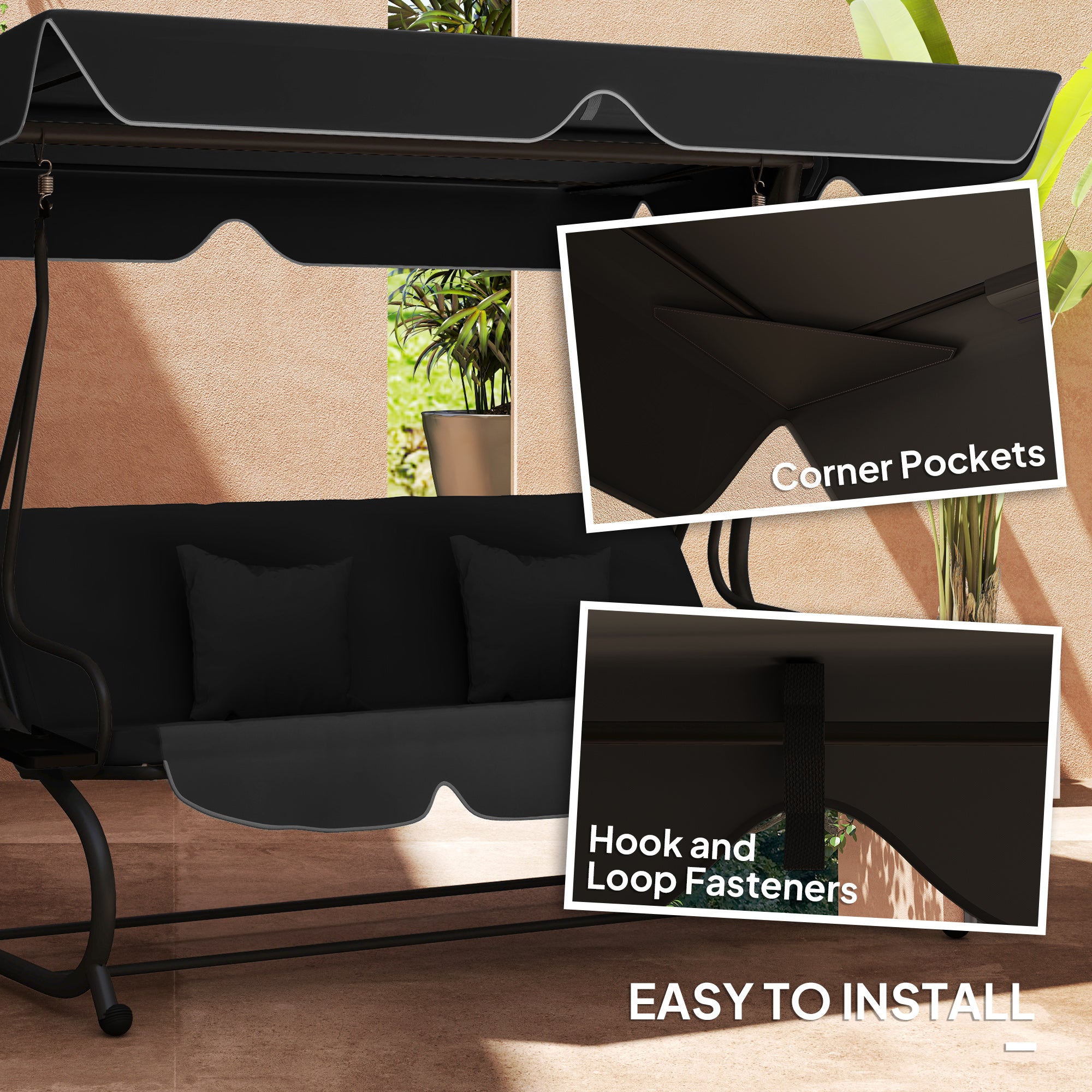 Garden Swing Canopy Replacement 3 Seater, Waterproof Garden Swing Seat Canopy Cover, Windproof Anti-UV Sun Shade (Canopy Only) for Patio, Balcony, Black