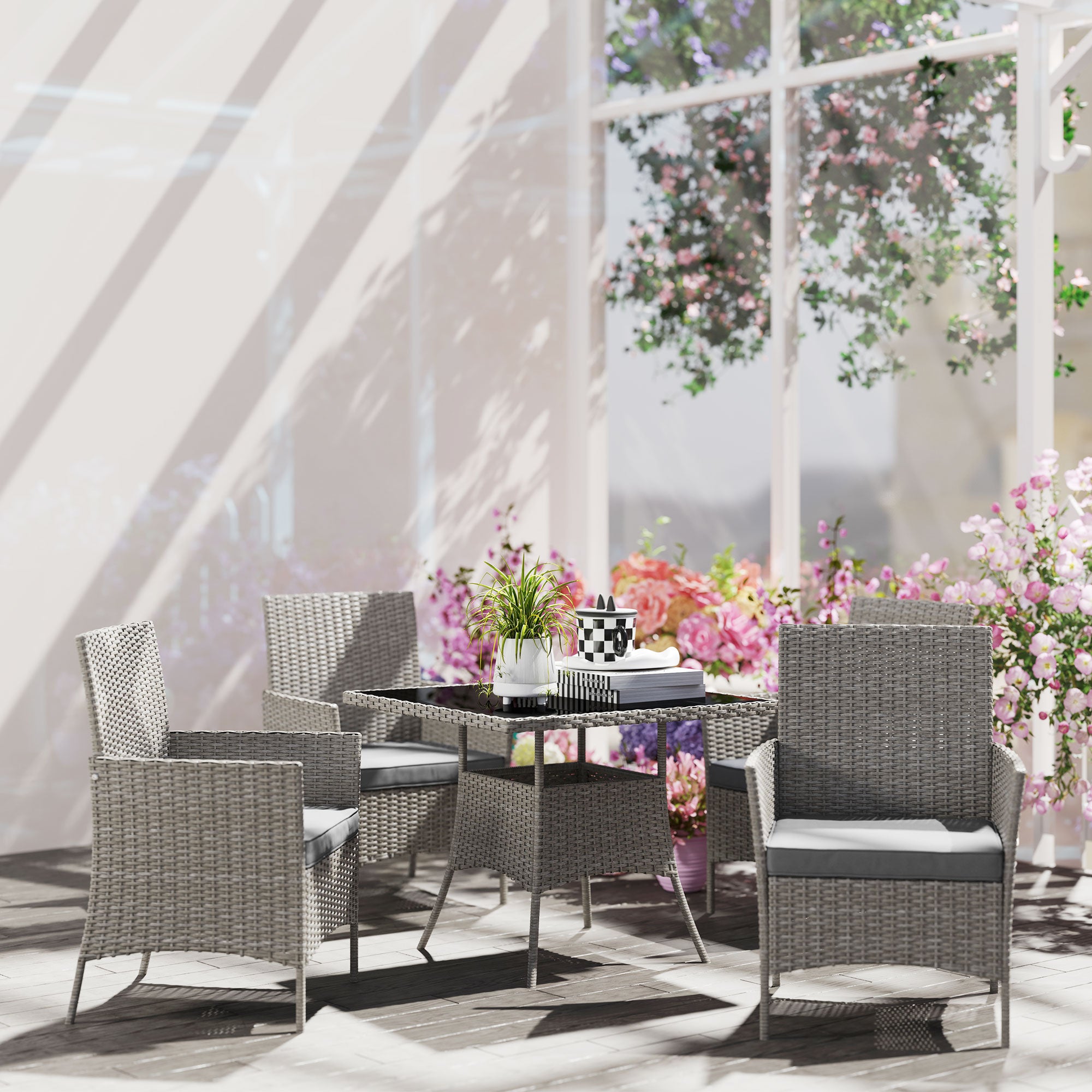 Five-Pieces Rattan Outdoor Dining Set with Cushions - Light Grey