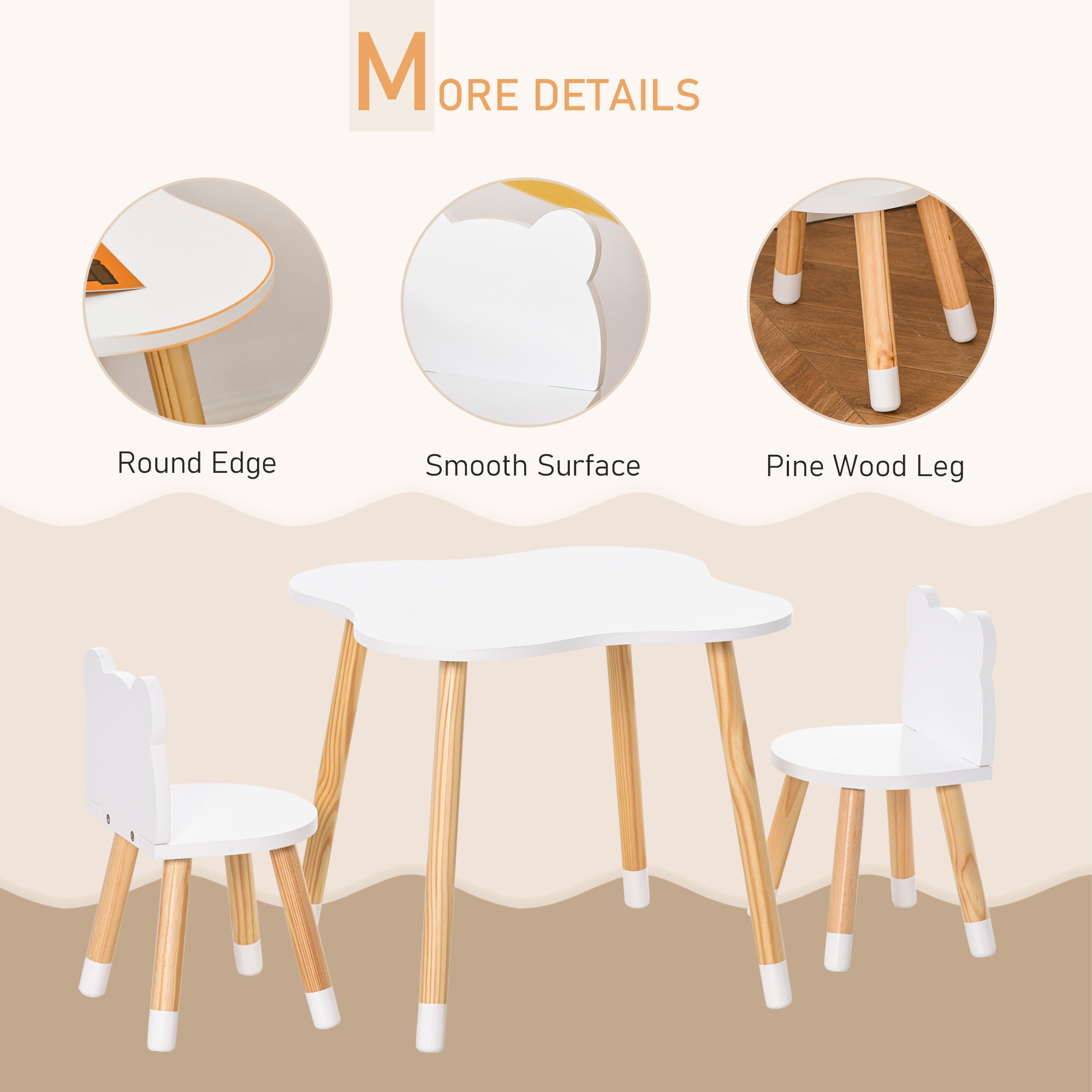 3-Piece Kids Table and Chair Set with 2 Bear-Shaped Chairs, for Ages 1-4 Years, White